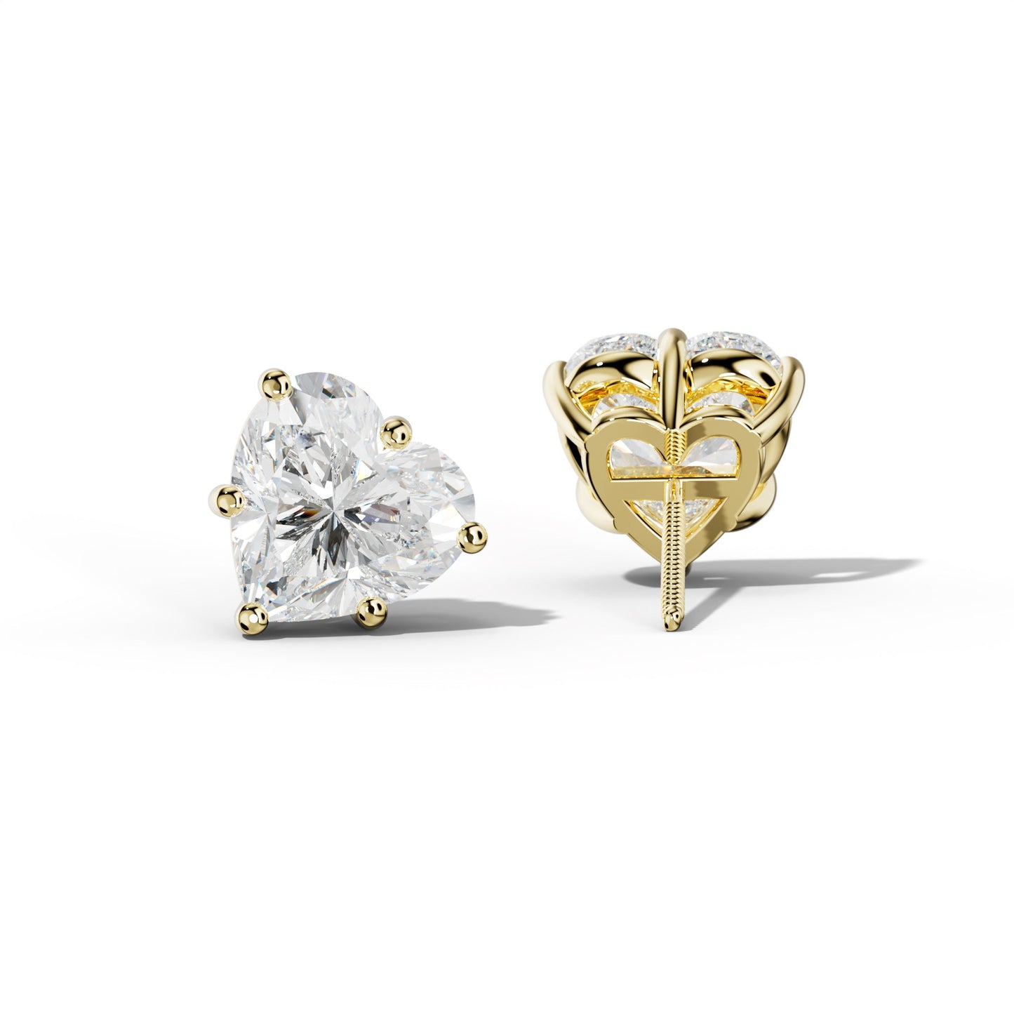 Heart  Diamond Stud Earrings With Classic Six Prongs - 1/2 - 18K Yellow Gold
