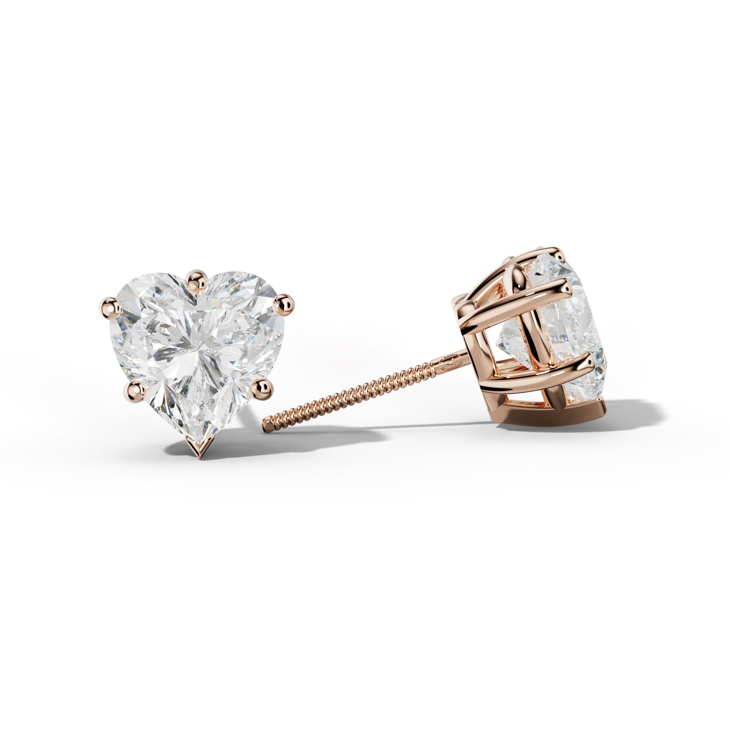 Heart  Diamond Stud Earrings With Classic And V Prongs - 1/2 - 18K Rose Gold