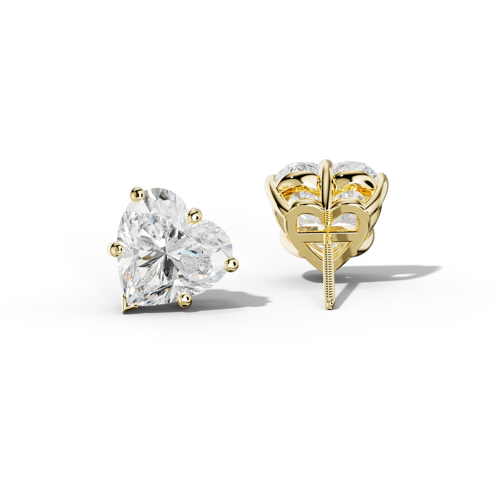 Heart  Diamond Stud Earrings With Classic And V Prongs - 1/2 - 18K Yellow Gold