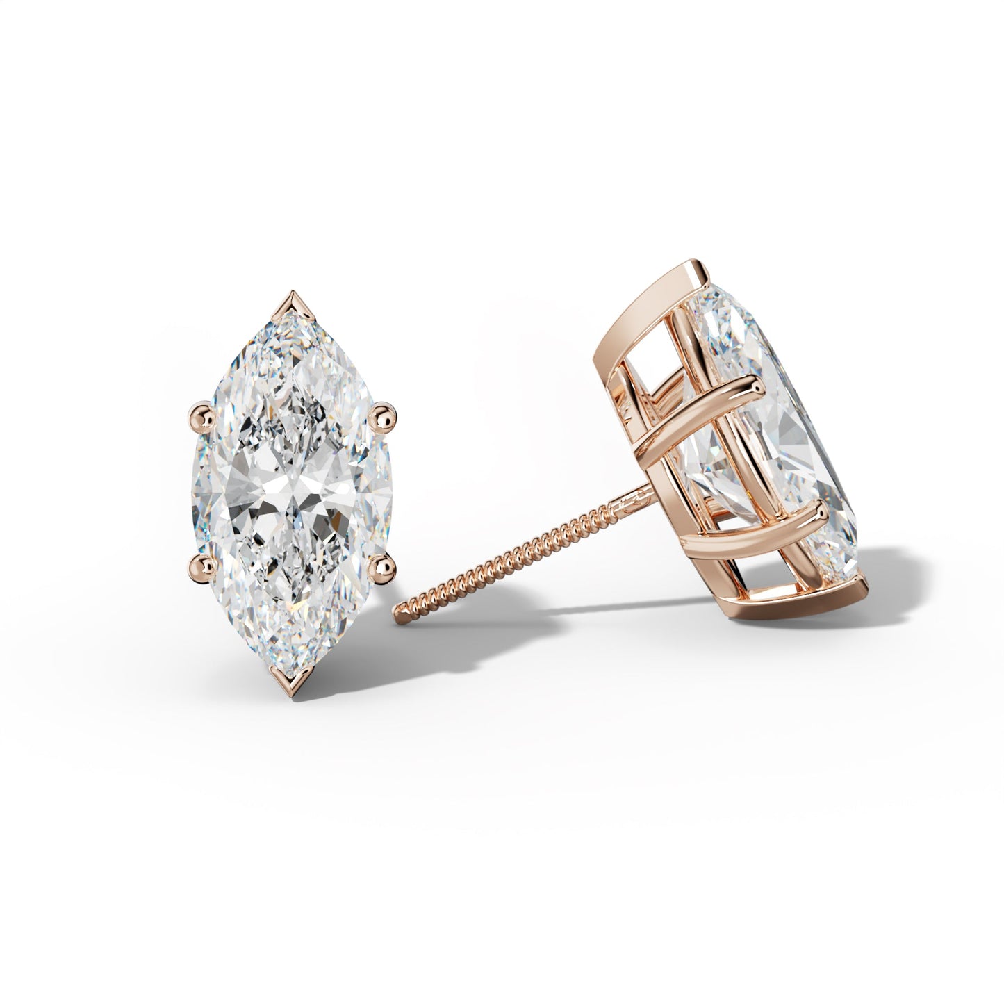 Marquise Diamond Stud Earrings With Classic And V Prongs - 1/2 - 18K Rose Gold