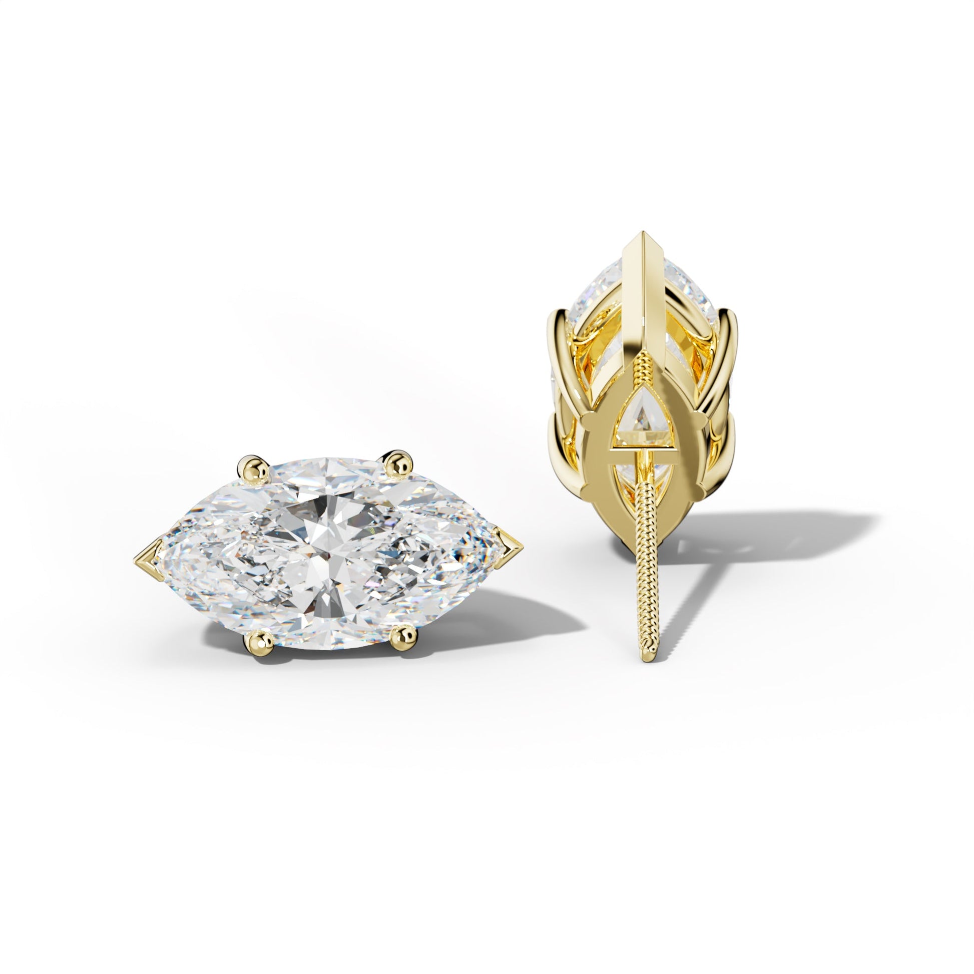 Marquise Diamond Stud Earrings With Classic And V Prongs - 1/2 - 18K Yellow Gold