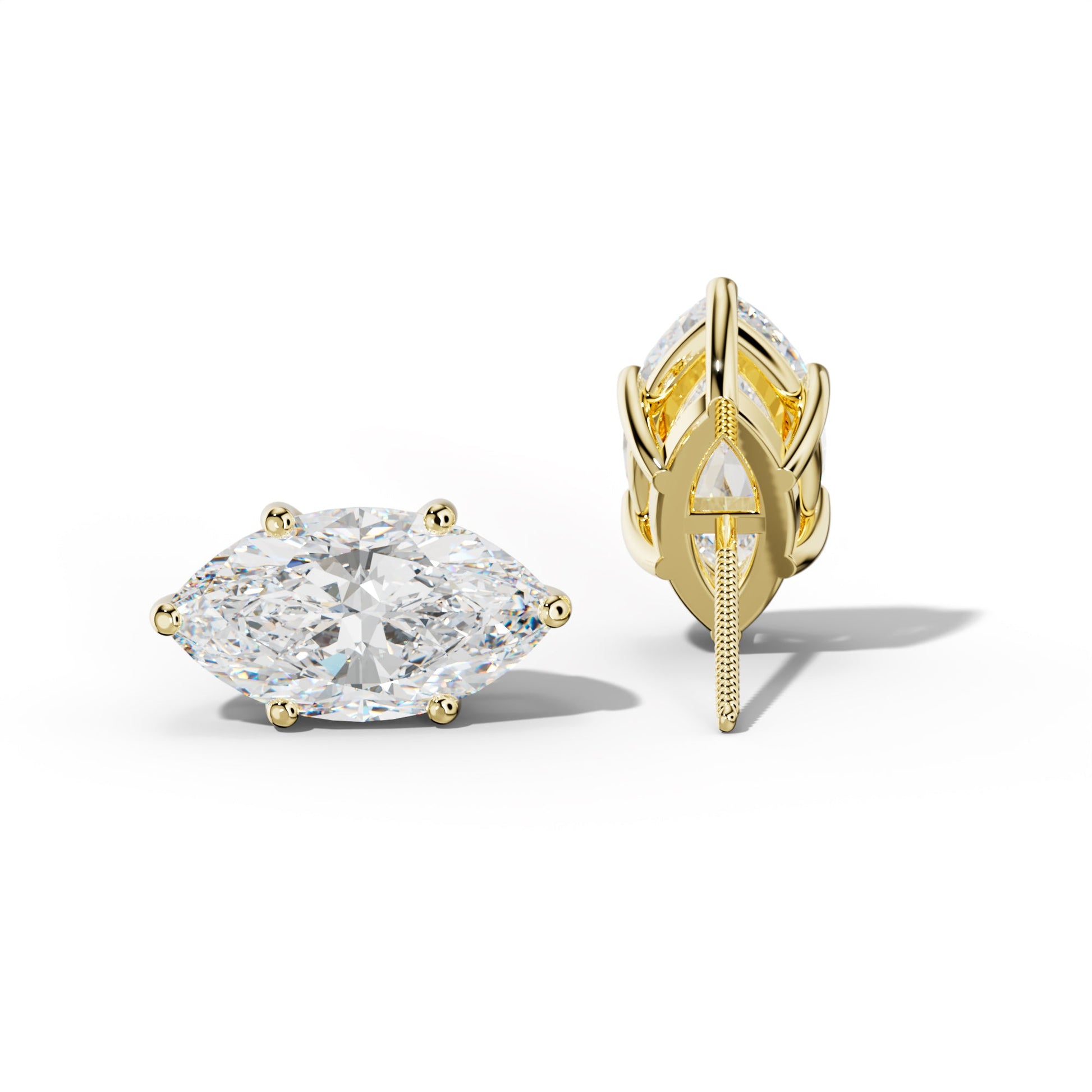Marquise Diamond Stud Earrings With Classic Six Prongs - 1/2 - 18K Yellow Gold