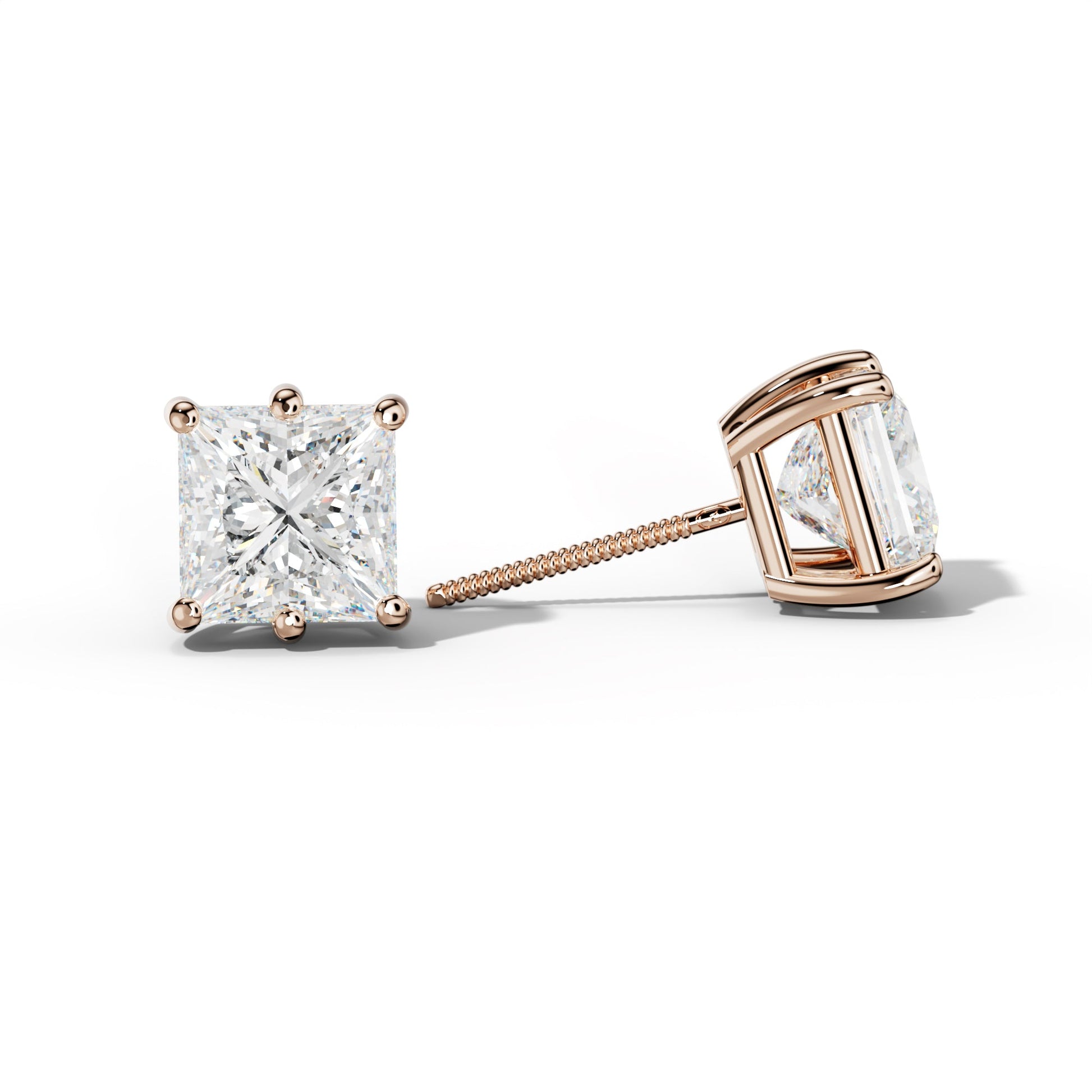 Princess Cut  Diamond Stud Earrings With Classic Six Prongs - 1/2 - 18K Rose Gold