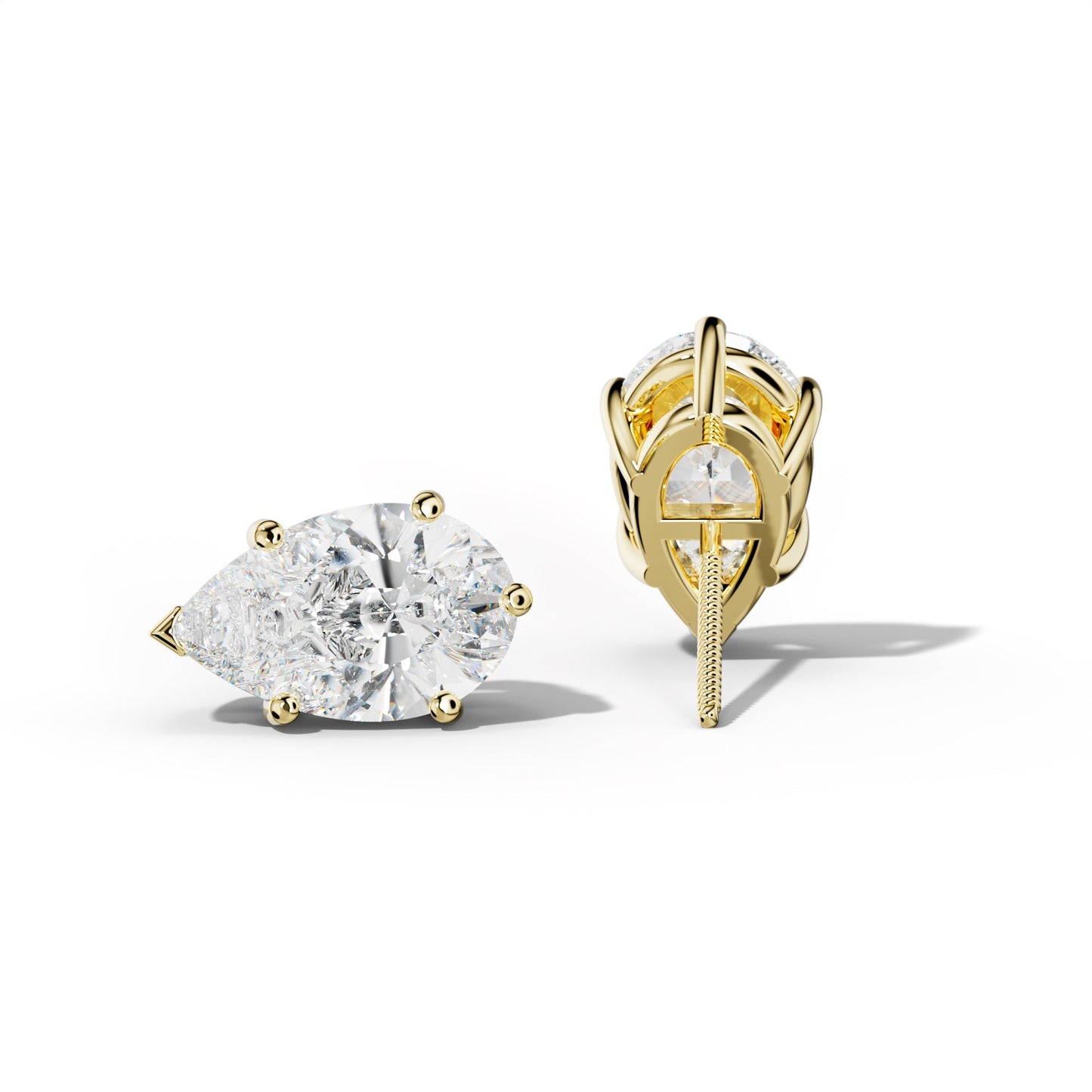Pear Shape Diamond Stud Earrings With Classic And V Prongs - 1/2 - 18K Yellow Gold