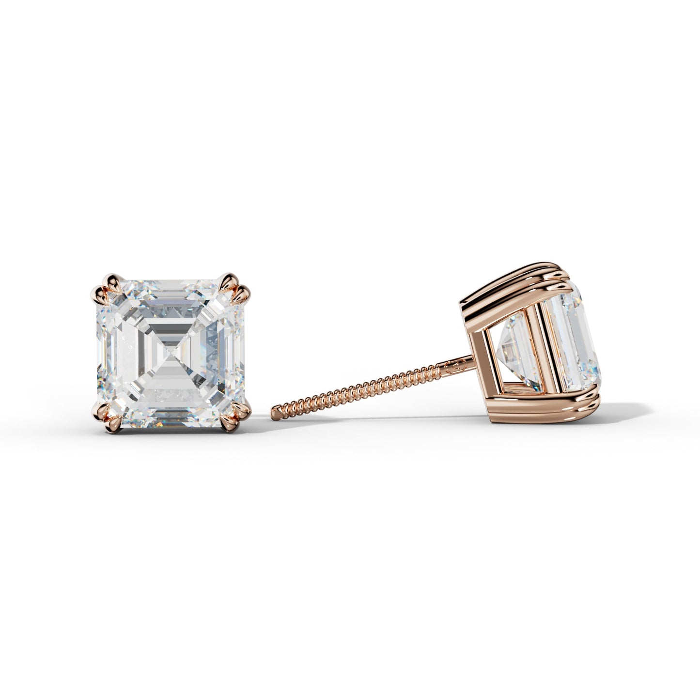 Asscher Diamond Stud Earrings With Claw Double Prongs - 1/2 - 18K Rose Gold