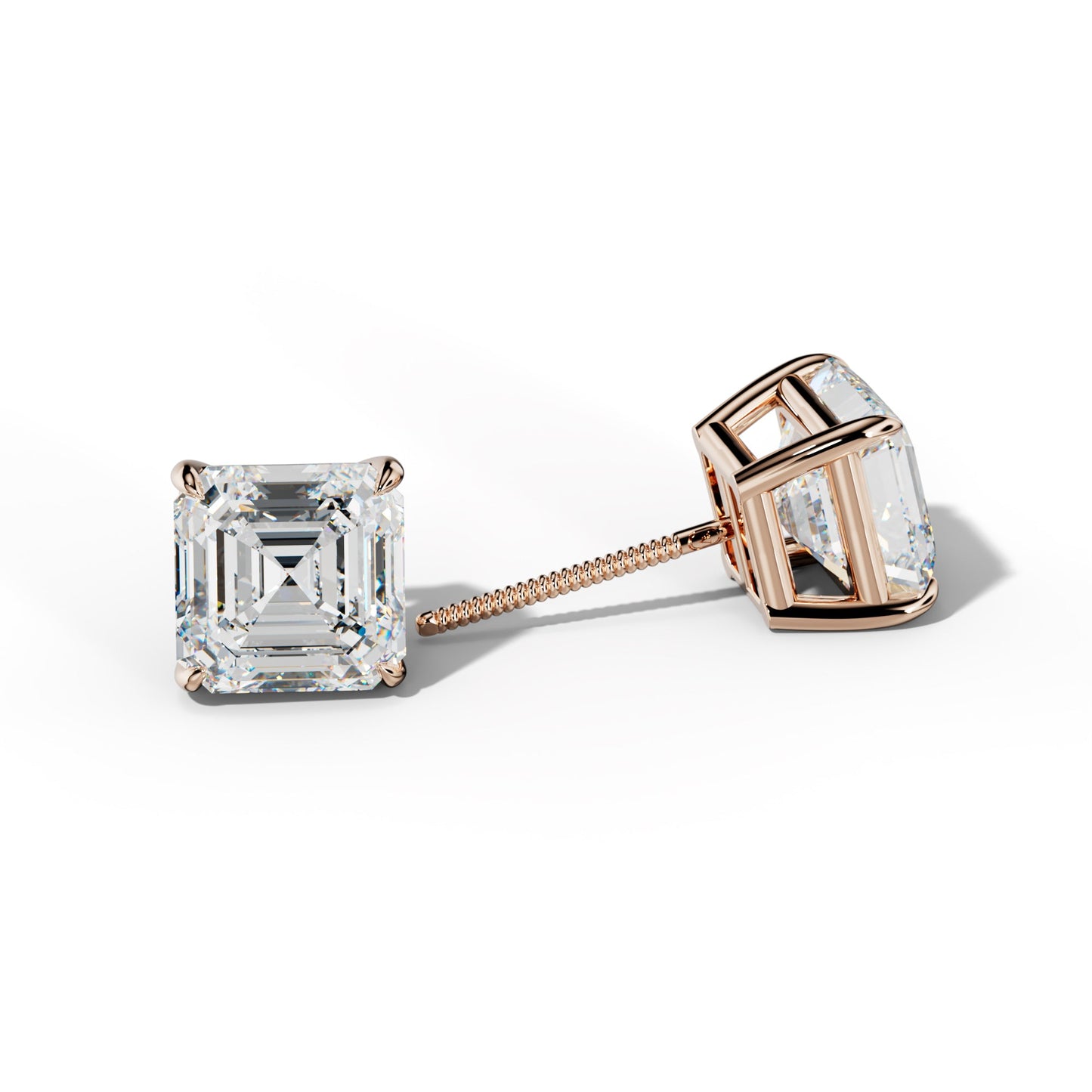 Asscher Diamond Stud Earrings With Four Claw Prongs - 1/2 - 18K Rose Gold