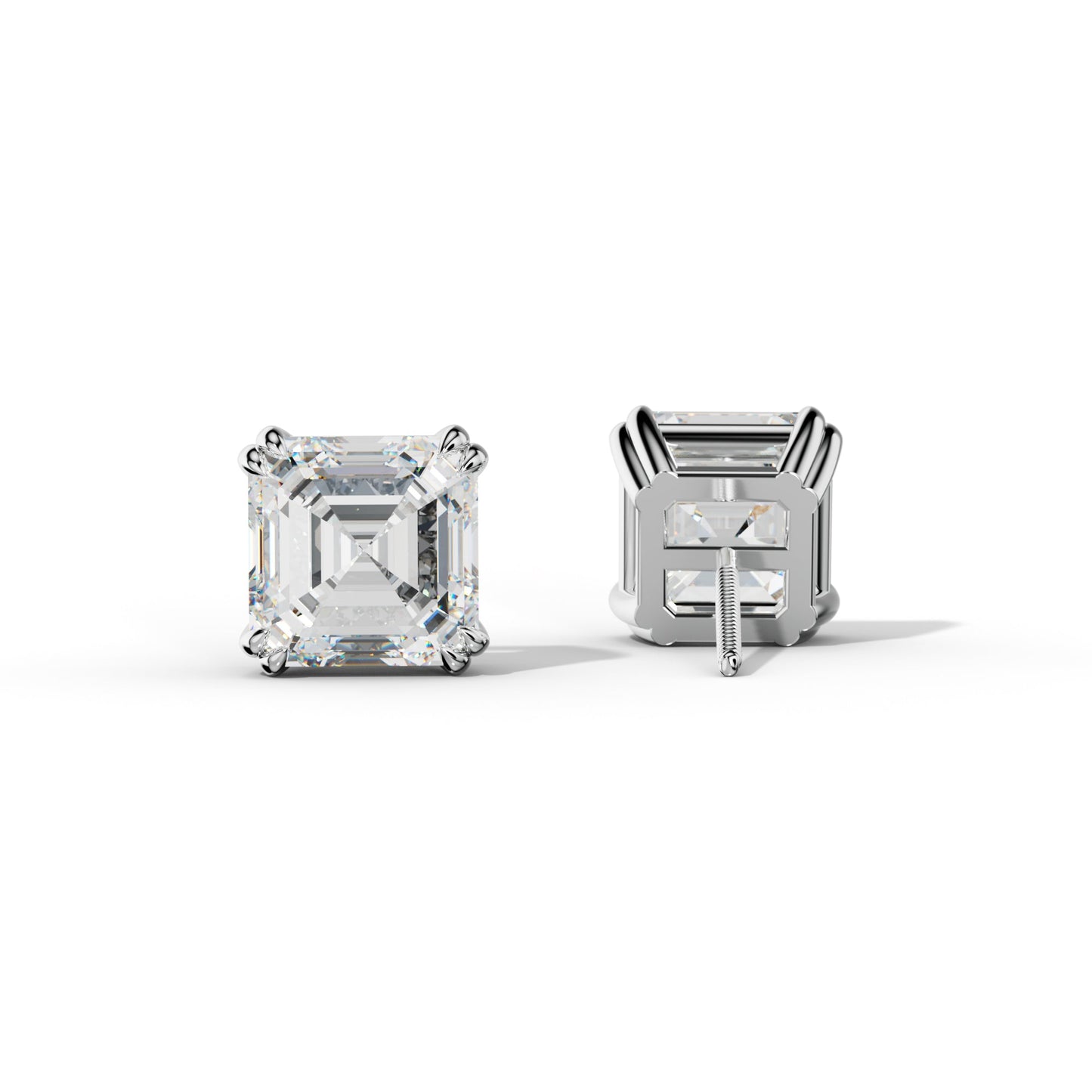 Asscher Diamond Stud Earrings With Claw Double Prongs - 1/2 - 14K Yellow Gold