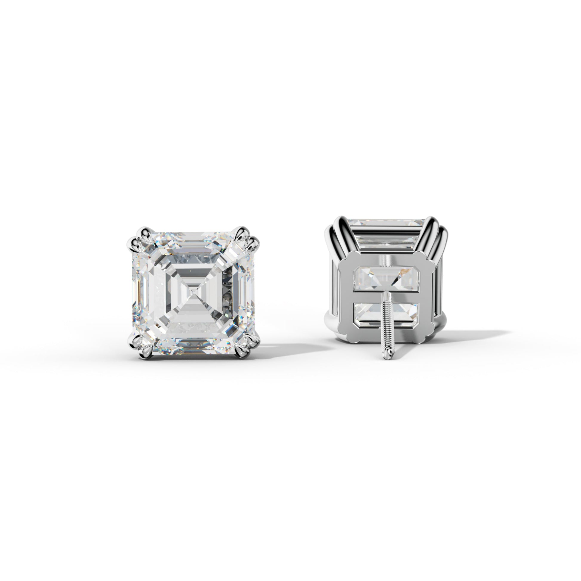 Asscher Diamond Stud Earrings With Claw Double Prongs - 1/2 - 14K Yellow Gold
