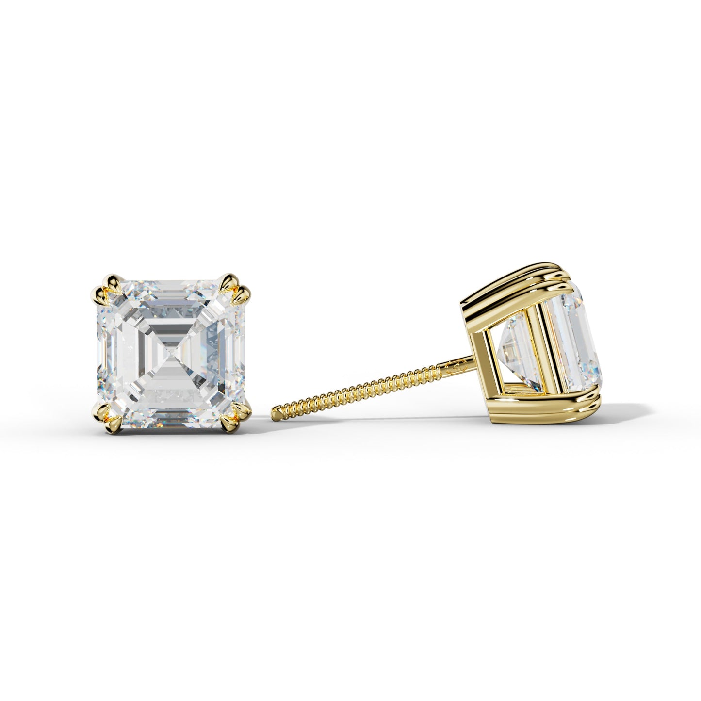 Asscher Diamond Stud Earrings With Claw Double Prongs - 1/2 - 18K White Gold