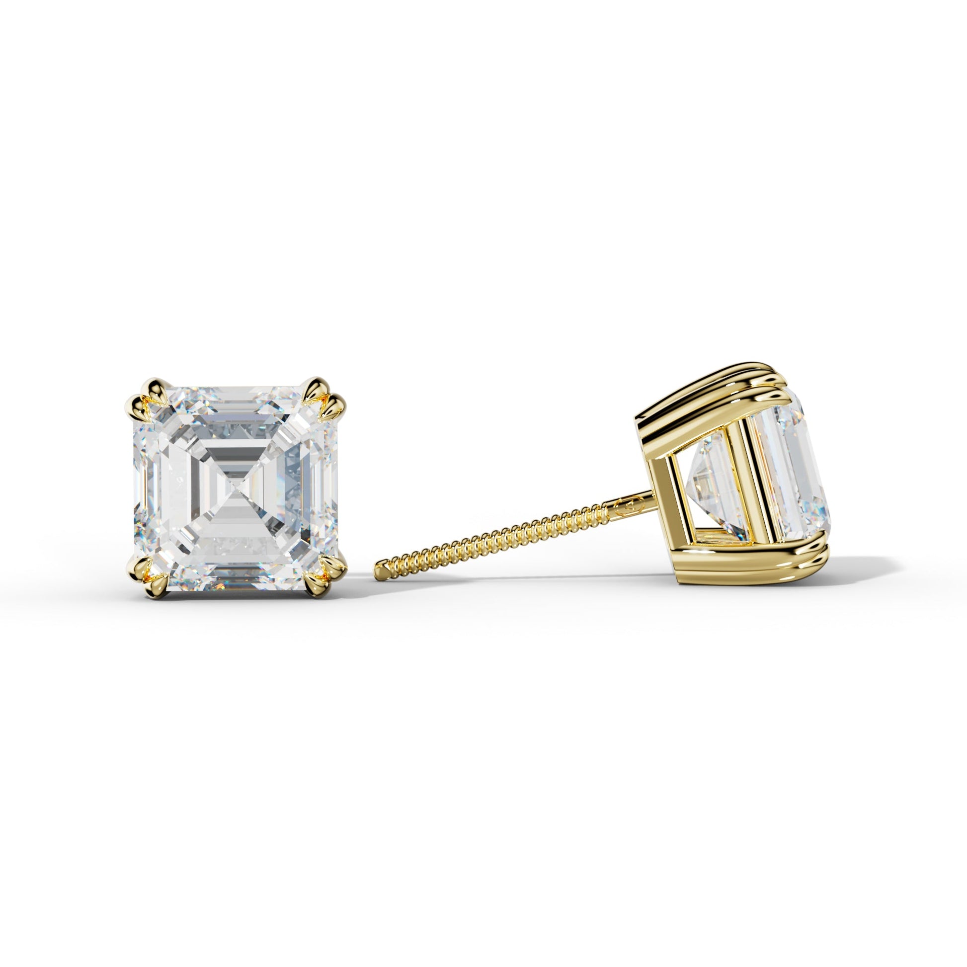 Asscher Diamond Stud Earrings With Claw Double Prongs - 1/2 - 18K White Gold