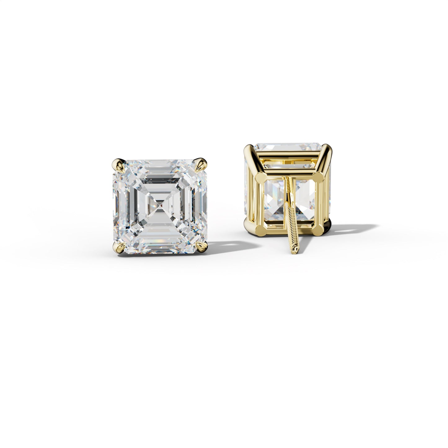 Asscher Diamond Stud Earrings With Four Claw Prongs - 1/2 - 18K Yellow Gold