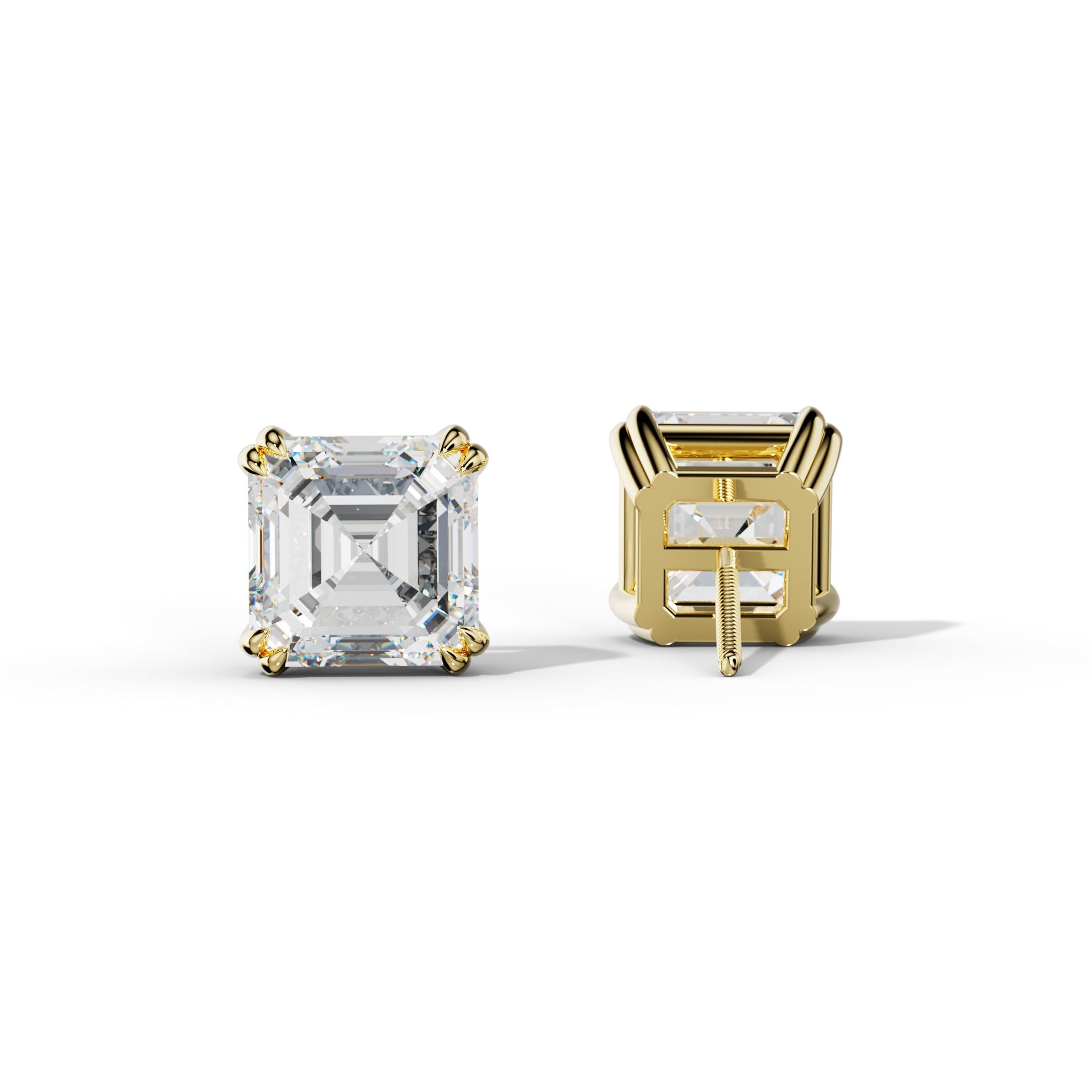 Asscher Diamond Stud Earrings With Claw Double Prongs - 1/2 - 18K Yellow Gold