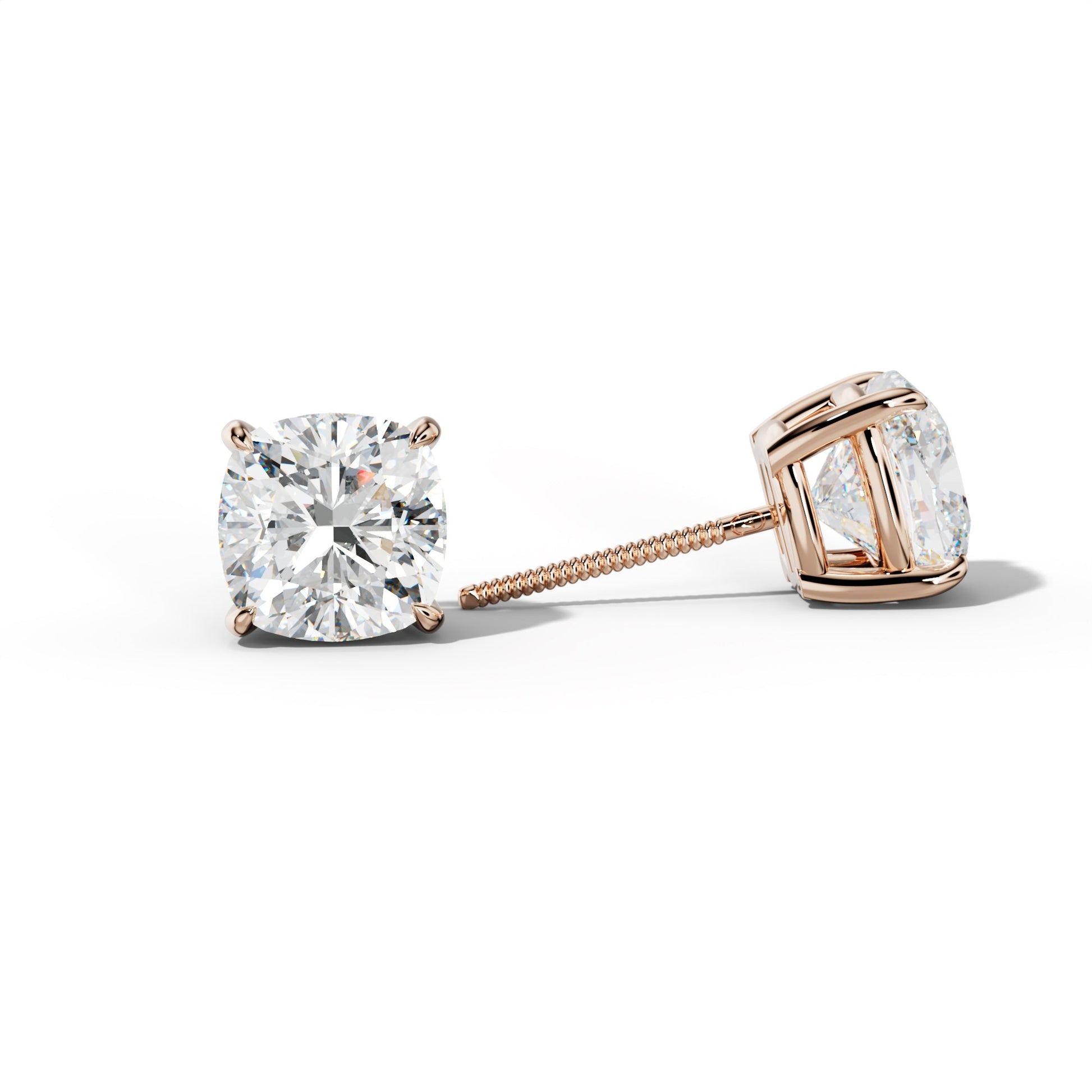 Cushion Diamond Stud Earrings With Four Claw Prongs - 1/2 - 18K Rose Gold