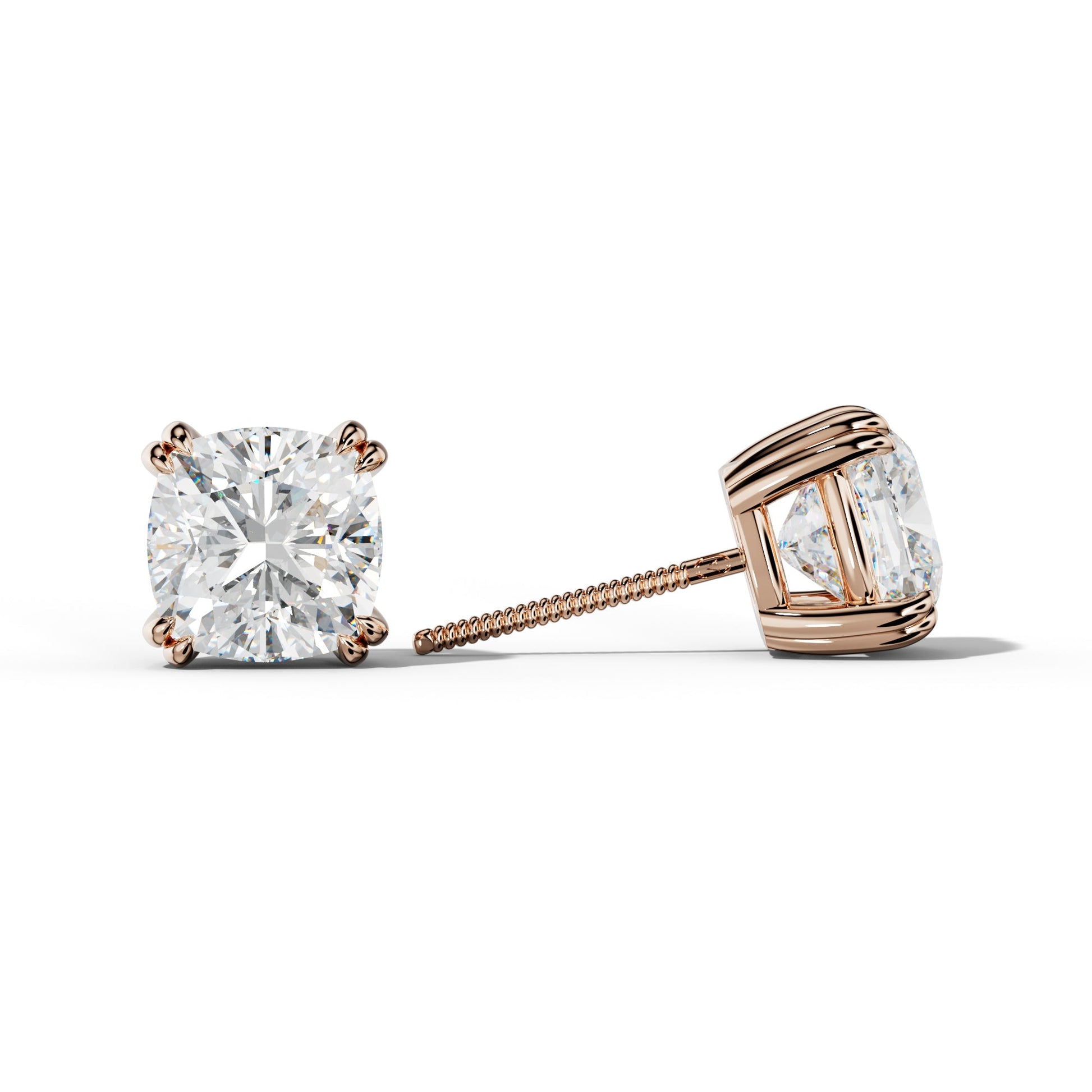 Cushion Diamond Stud Earrings With Claw Double Prongs - 1/2 - 18K Rose Gold