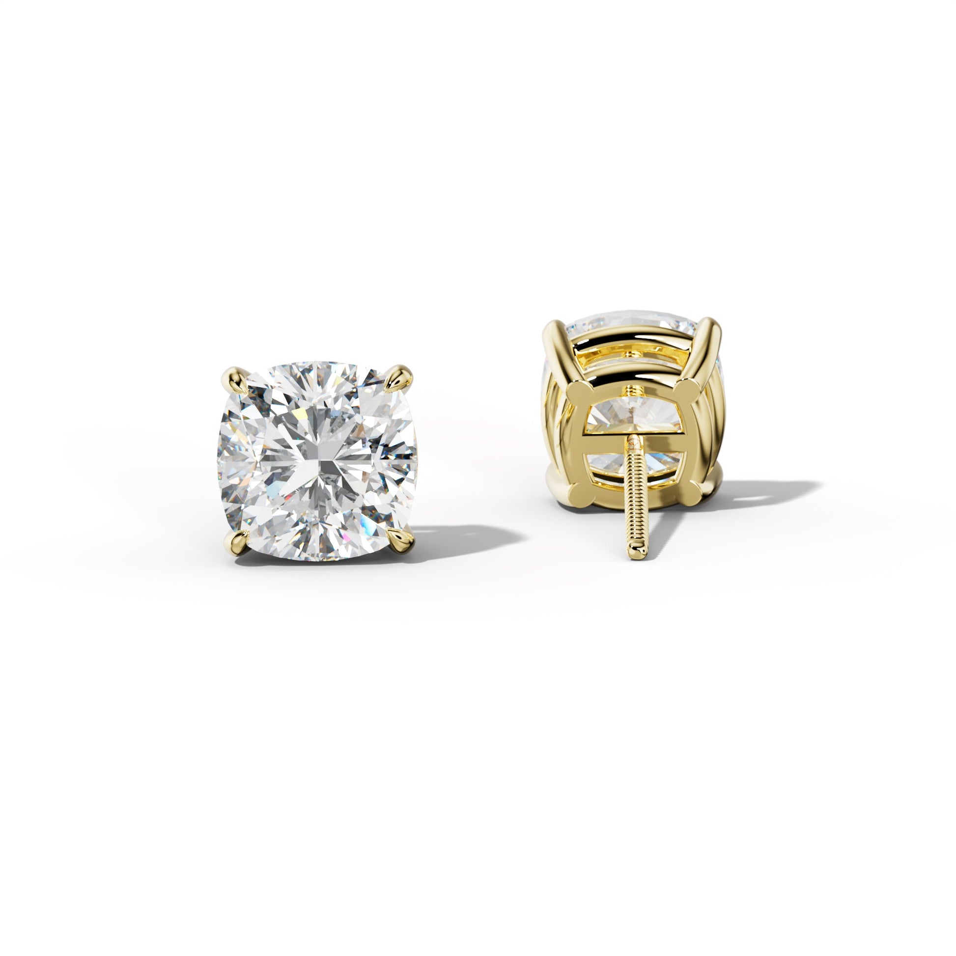 Cushion Diamond Stud Earrings With Four Claw Prongs - 1/2 - 18K Yellow Gold