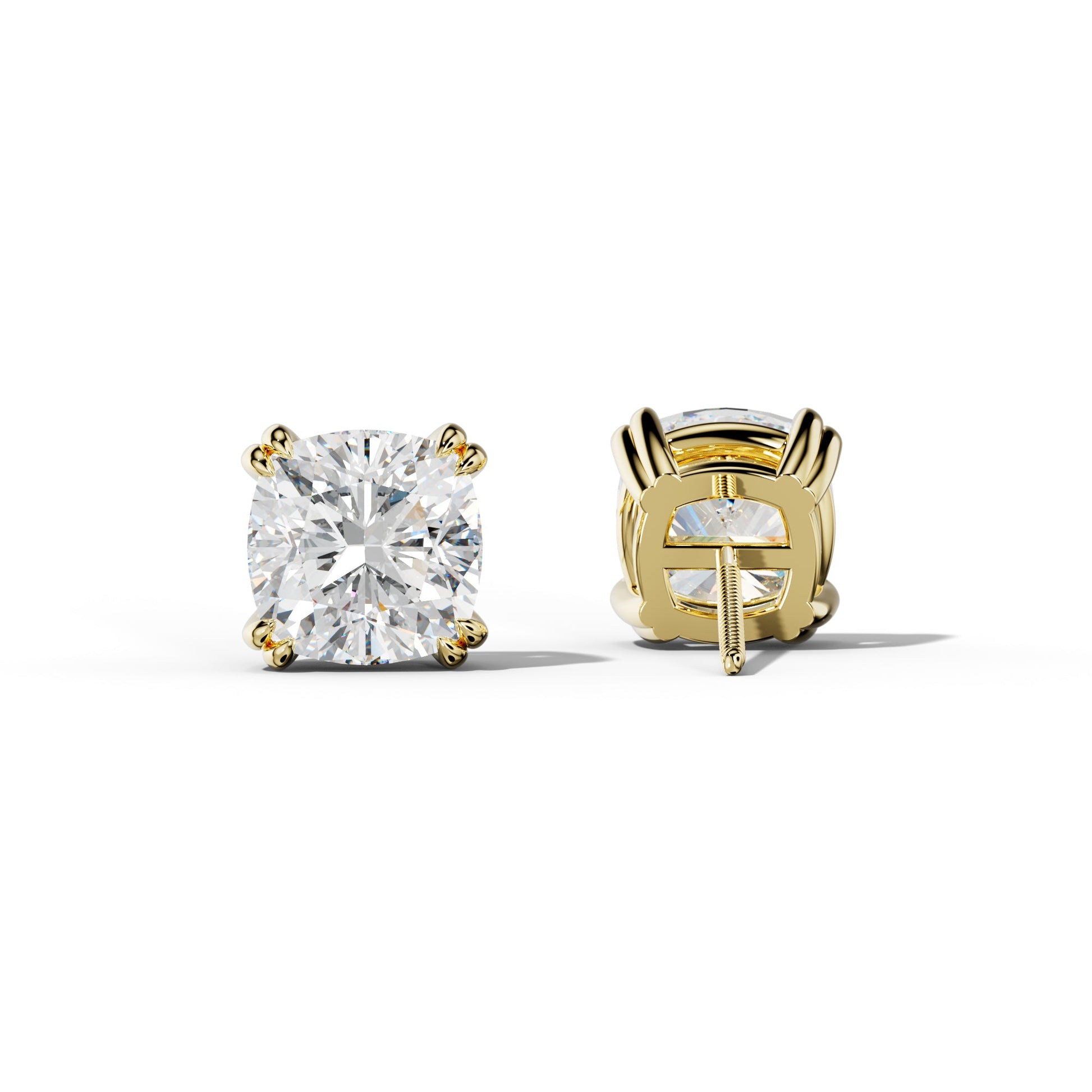 Cushion Diamond Stud Earrings With Claw Double Prongs - 1/2 - 18K Yellow Gold