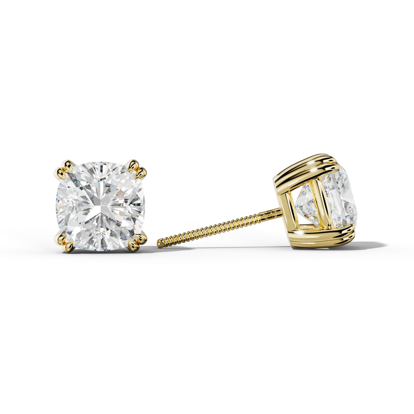 Cushion Diamond Stud Earrings With Claw Double Prongs - 1/2 - 18K White Gold