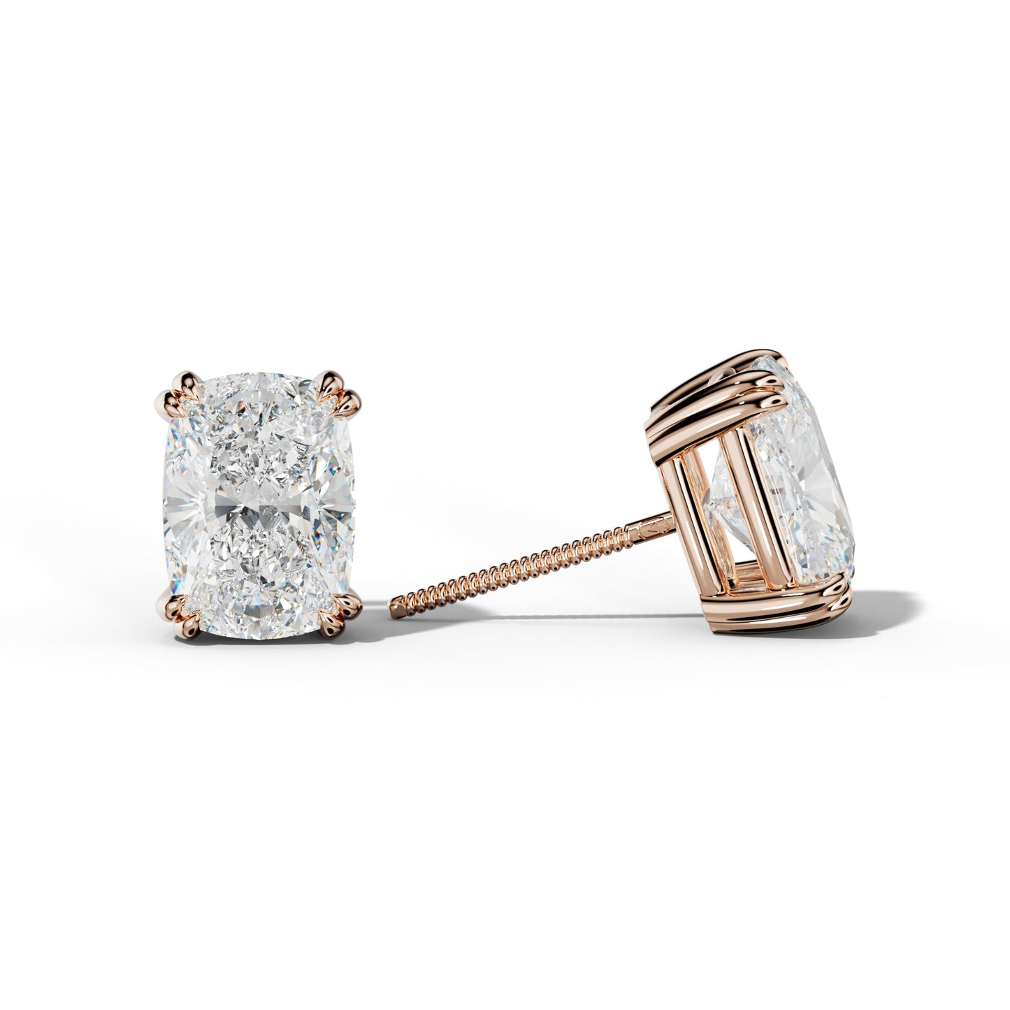 Elongated Cushion Diamond Stud Earrings With Claw Double Prongs - 1/2 - 18K Rose Gold