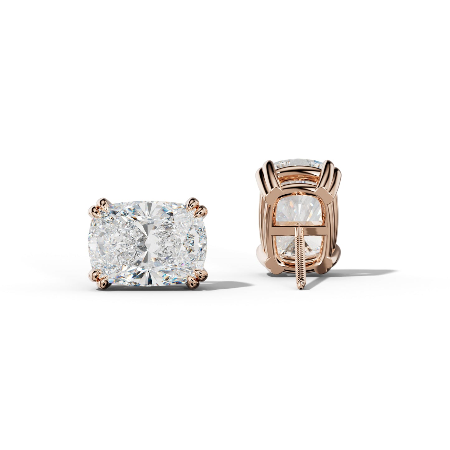 Elongated Cushion Diamond Stud Earrings With Claw Double Prongs - 1/2 - Platinum 950