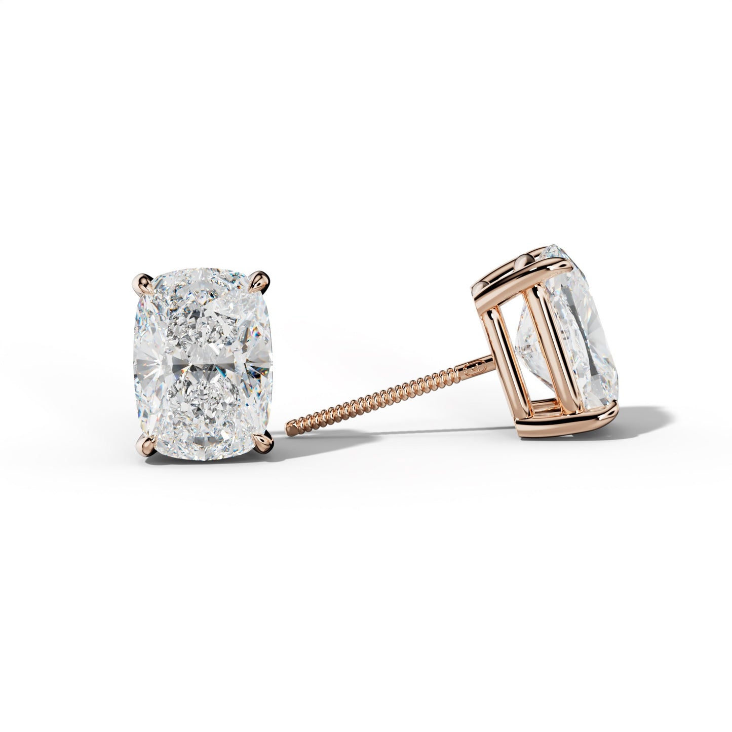 Elongated Cushion Diamond Stud Earrings With Four Claw Prongs - 1/2 - 18K Rose Gold
