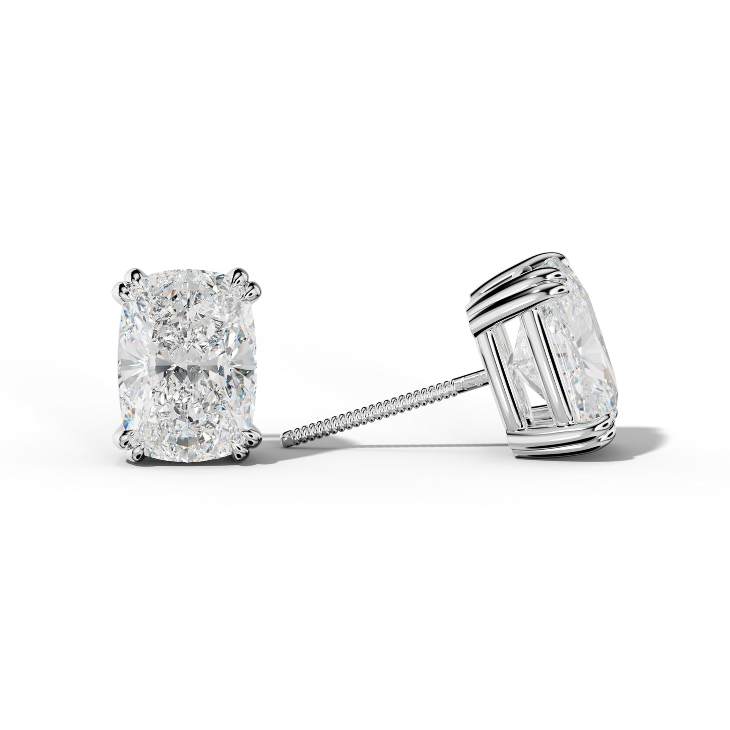 Elongated Cushion Diamond Stud Earrings With Claw Double Prongs