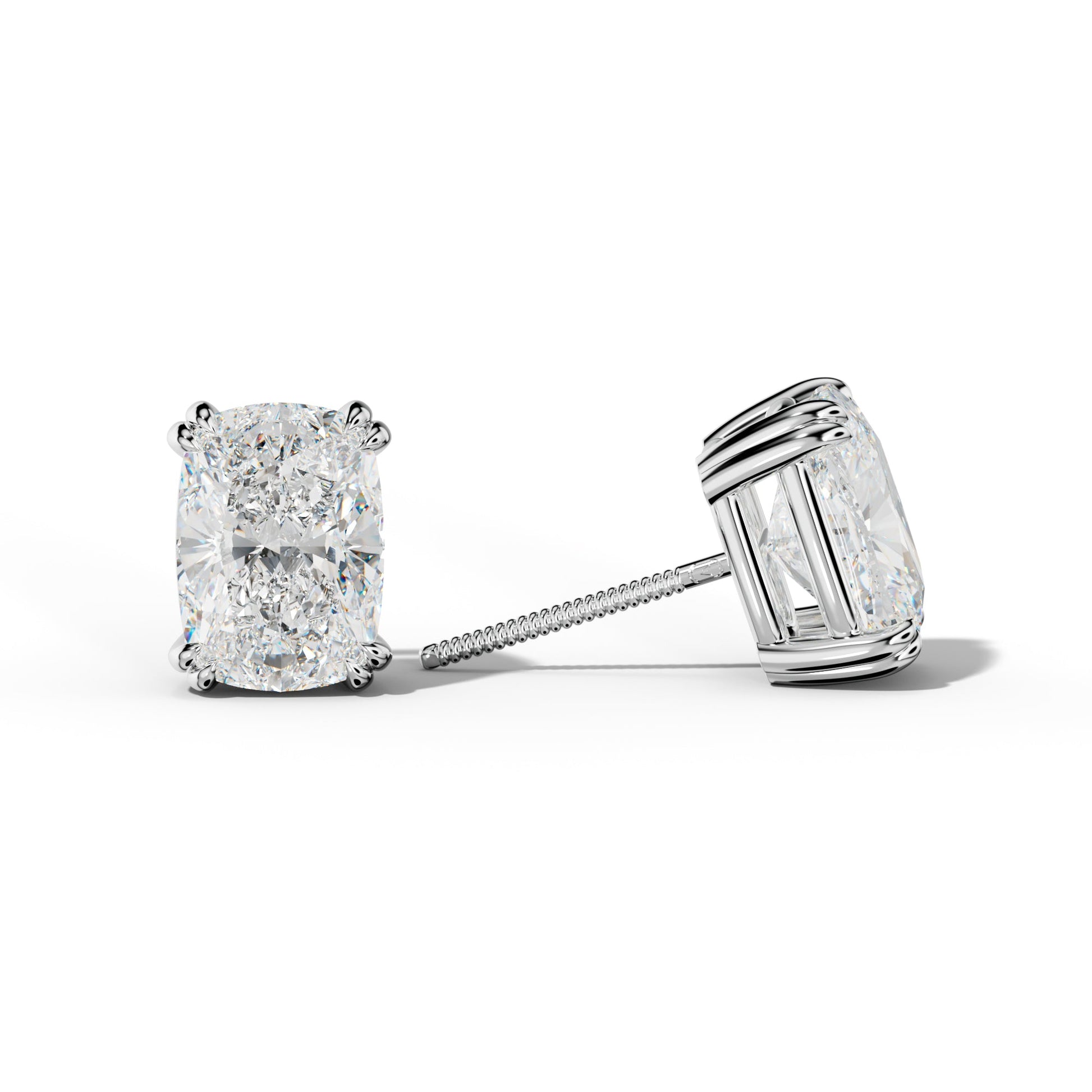 Elongated Cushion Diamond Stud Earrings With Claw Double Prongs