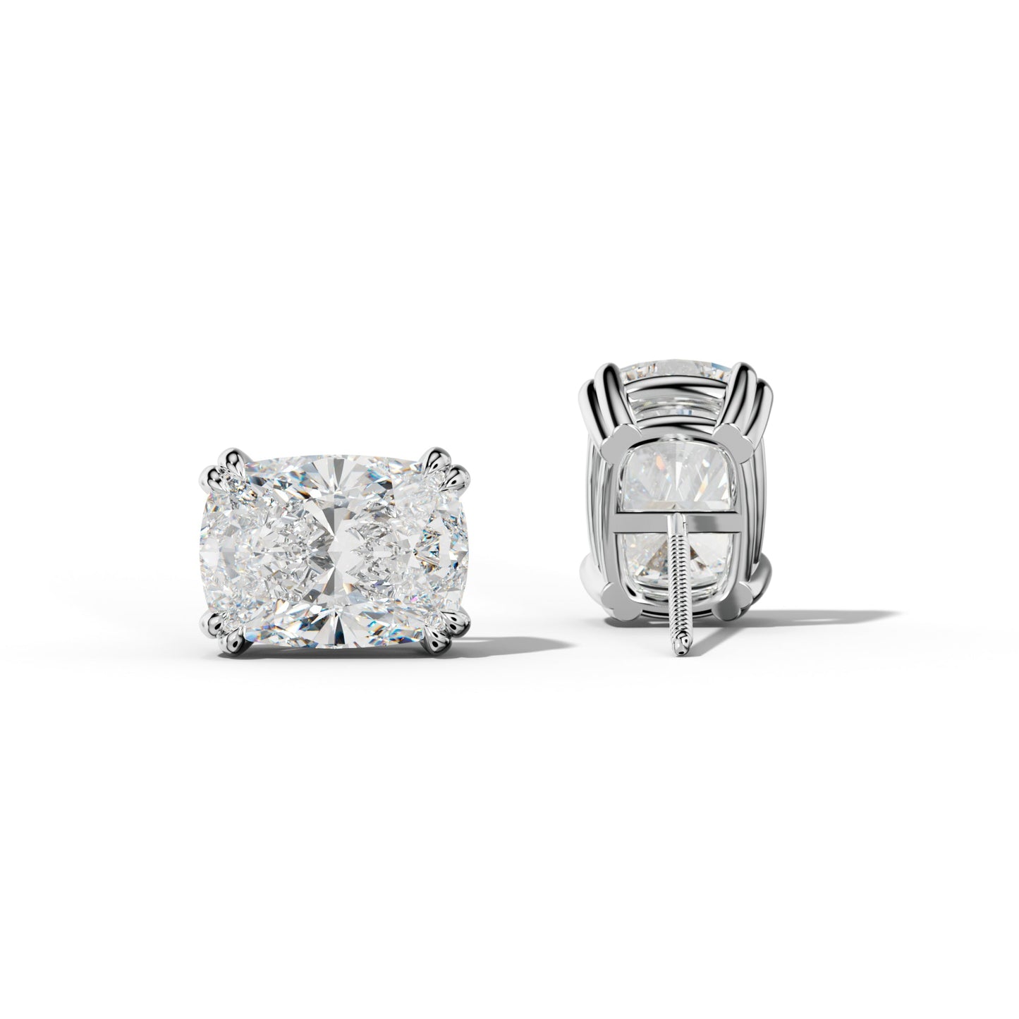 Elongated Cushion Diamond Stud Earrings With Claw Double Prongs - 1/2 - 14K Yellow Gold