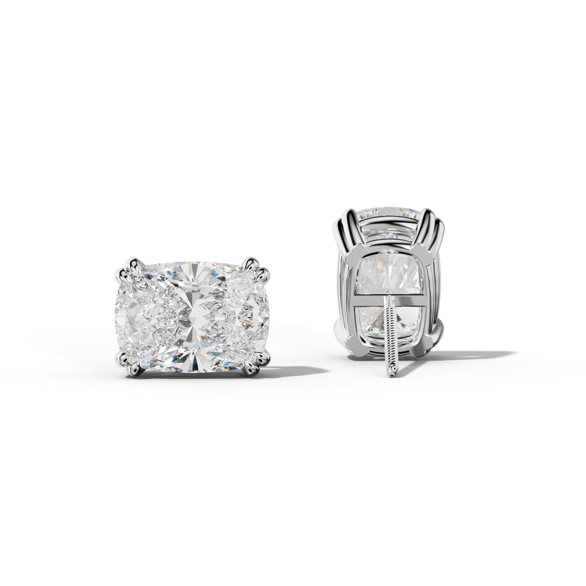 Elongated Cushion Diamond Stud Earrings With Claw Double Prongs - 1/2 - 14K Yellow Gold