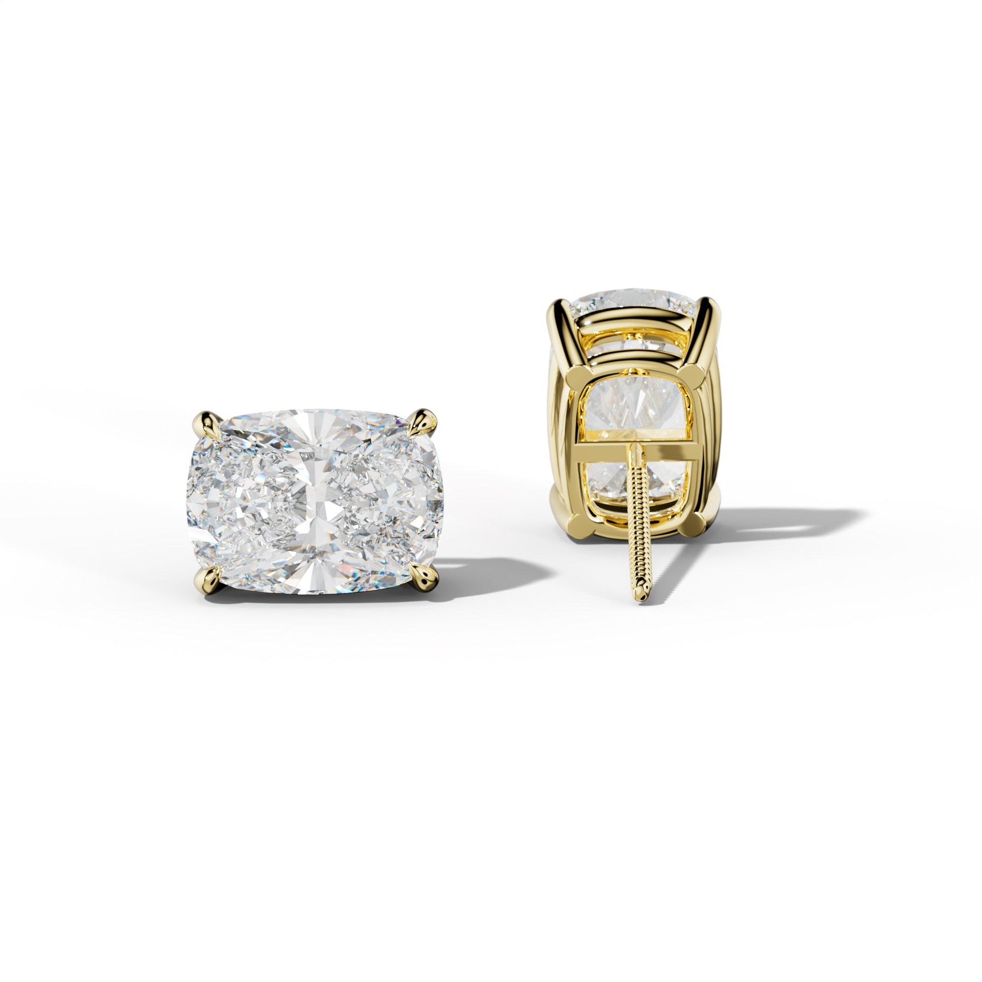 Elongated Cushion Diamond Stud Earrings With Four Claw Prongs - 1/2 - 18K Yellow Gold