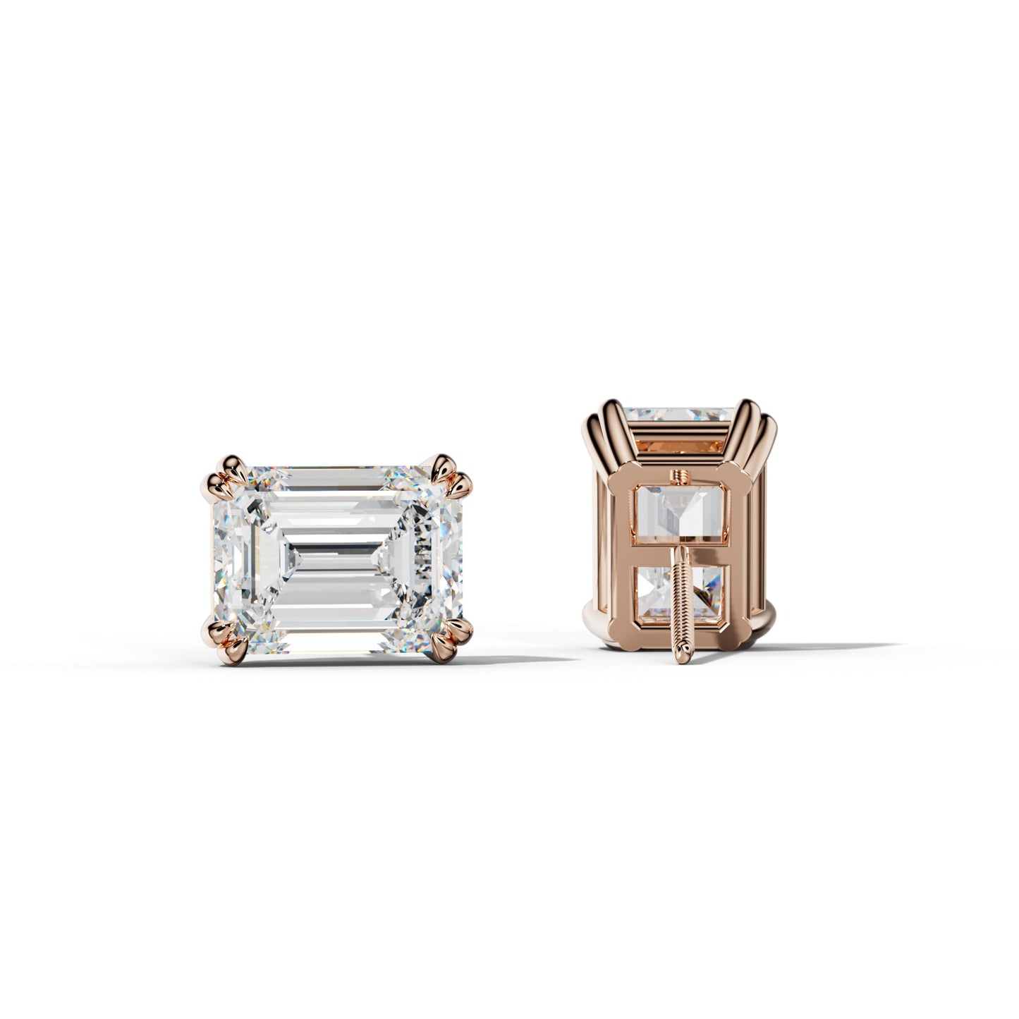 Emerald Cut Diamond Stud Earrings With Claw Double Prongs - 1/2 - 18K Rose Gold