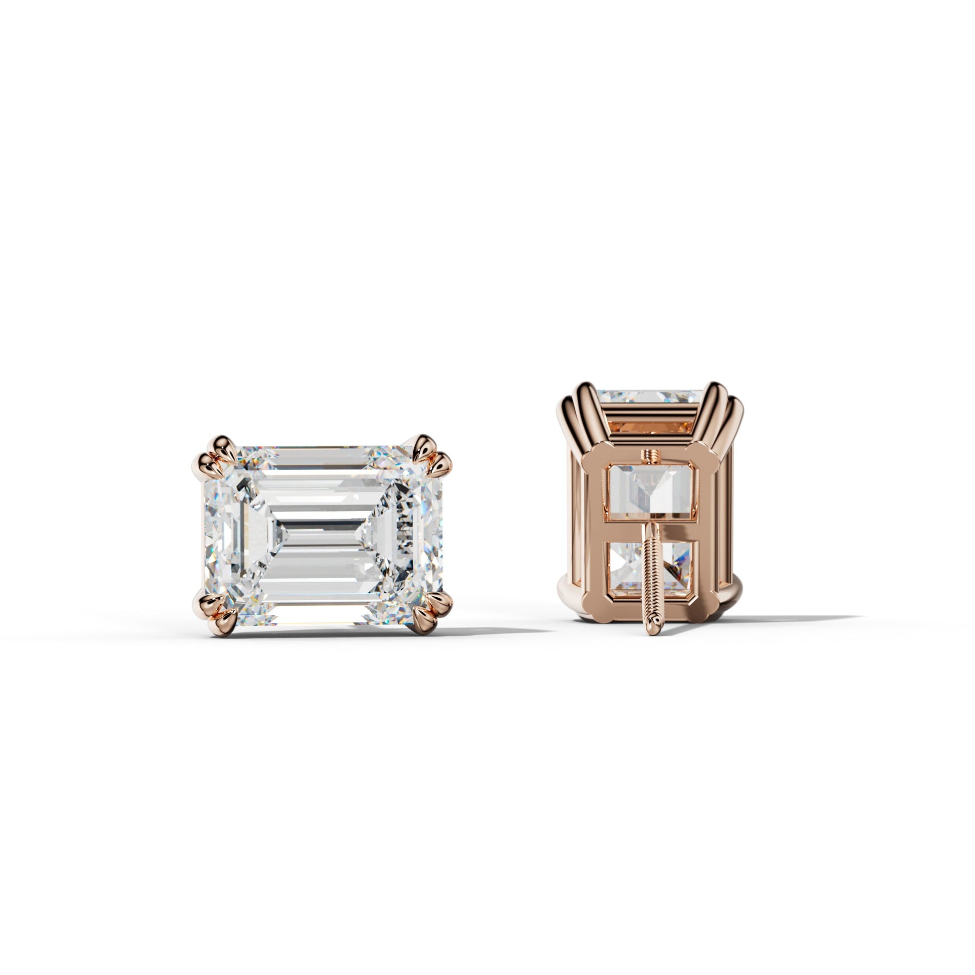Emerald Cut Diamond Stud Earrings With Claw Double Prongs - 1/2 - 18K Rose Gold