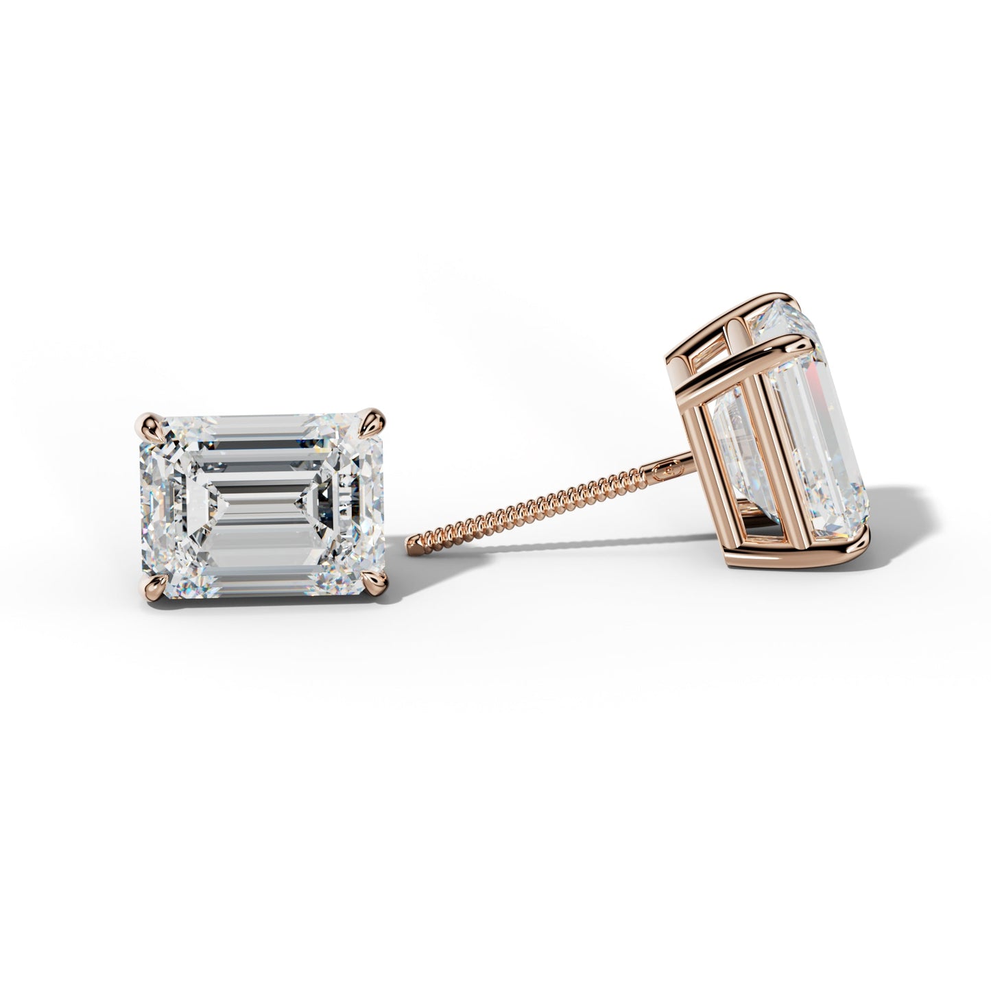Emerald Cut Diamond Stud Earrings With Four Claw Prongs - 1/2 - 18K Rose Gold