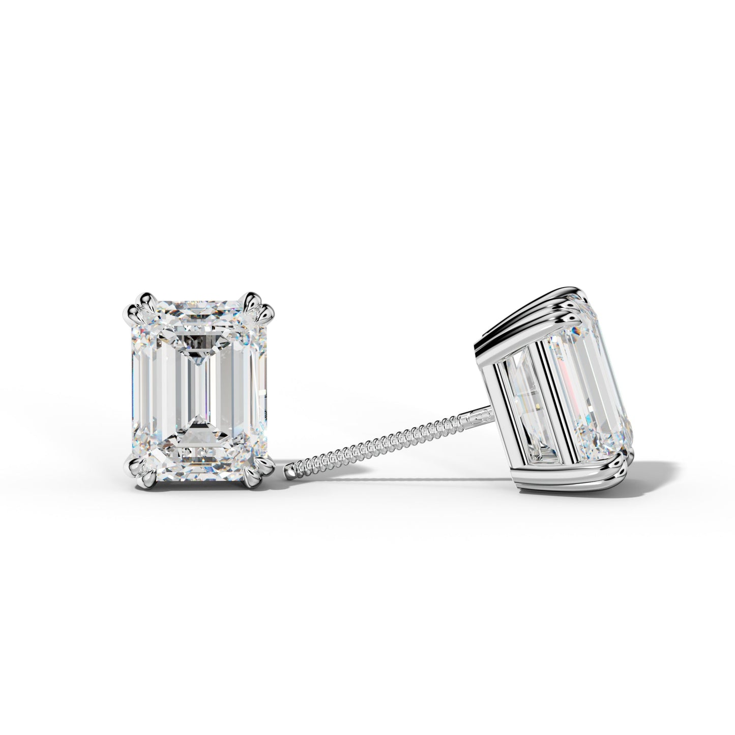 Emerald Cut Diamond Stud Earrings With Claw Double Prongs