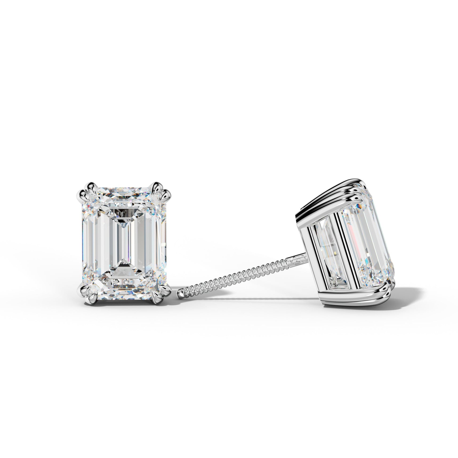 Emerald Cut Diamond Stud Earrings With Claw Double Prongs