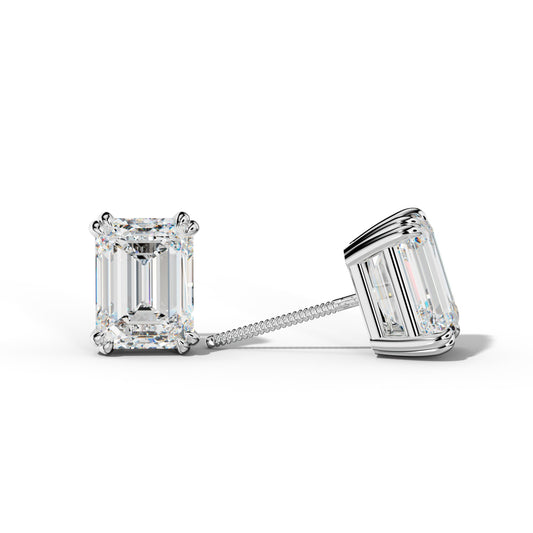 Emerald Cut Diamond Stud Earrings With Claw Double Prongs
