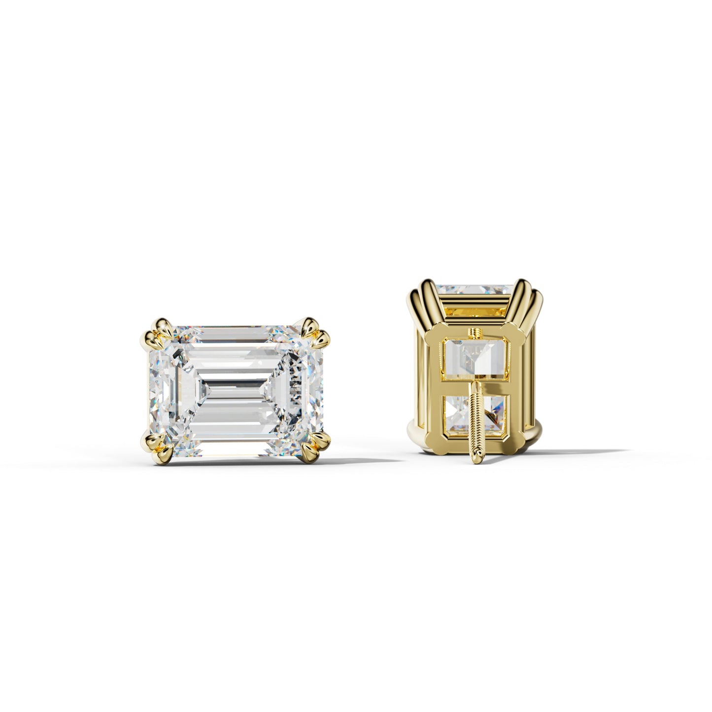 Emerald Cut Diamond Stud Earrings With Claw Double Prongs - 1/2 - 18K Yellow Gold