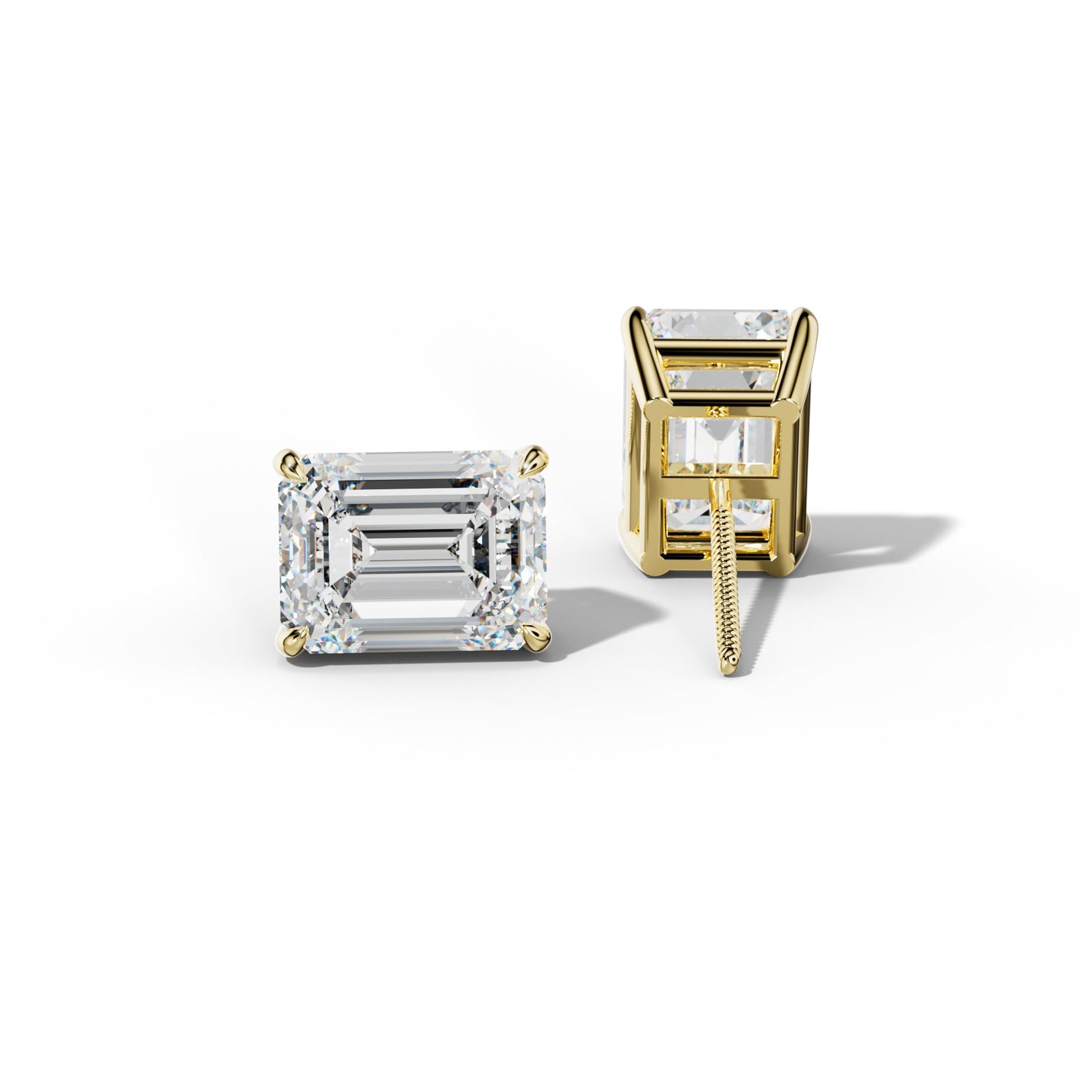 Emerald Cut Diamond Stud Earrings With Four Claw Prongs - 1/2 - 18K Yellow Gold