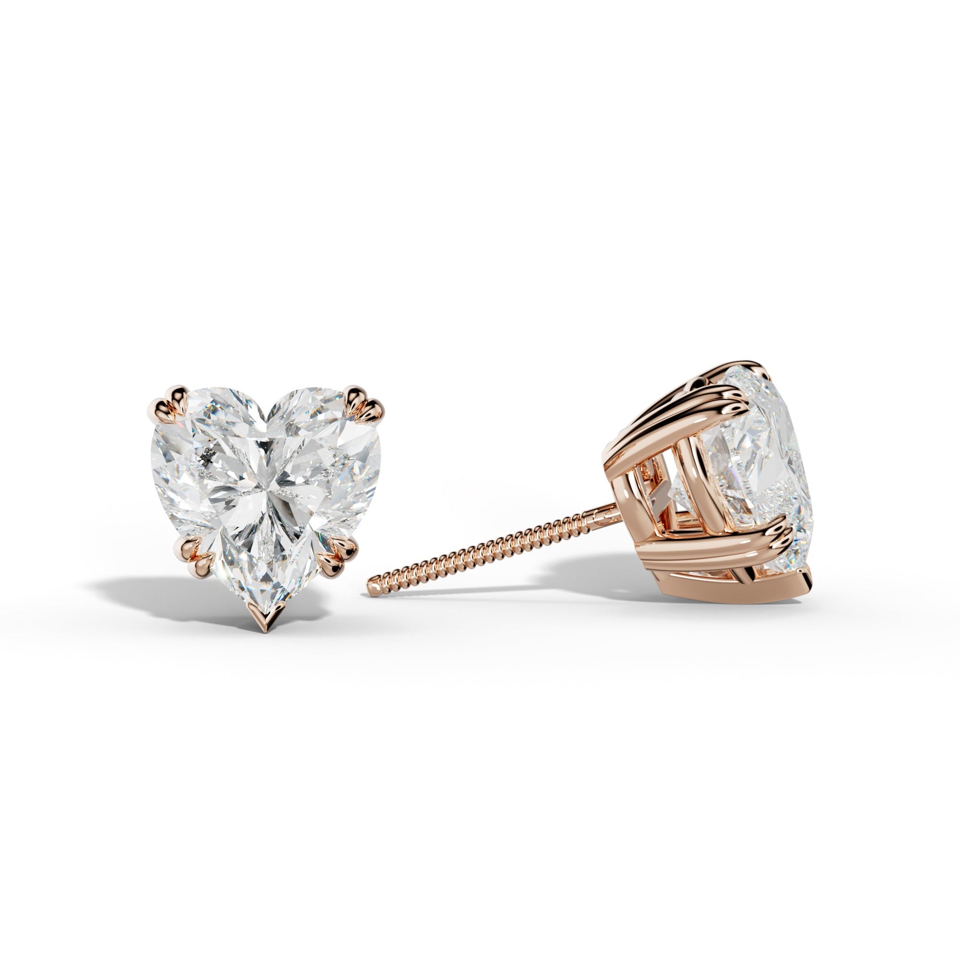 Heart Diamond Stud Earrings With Claw Double And V Prongs - 1/2 - 18K Rose Gold