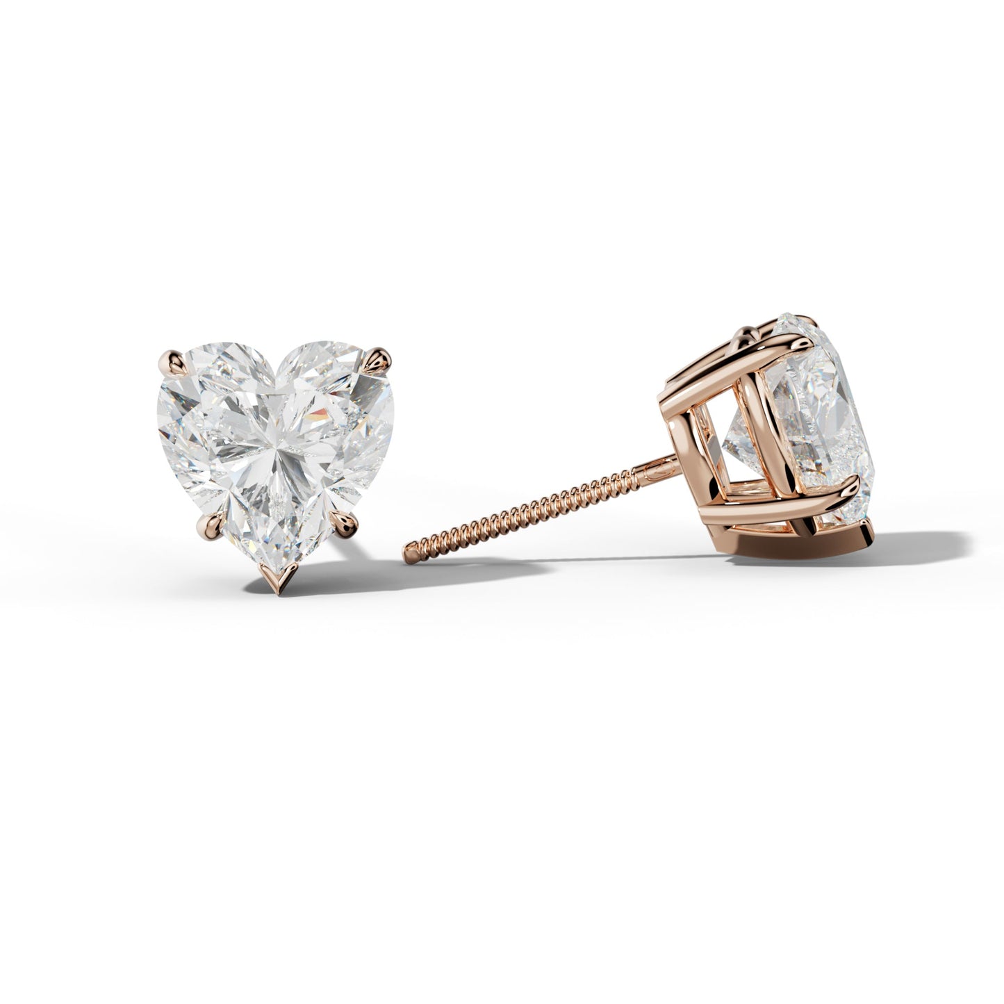 Heart Diamond Stud Earrings With Four Claw And V Prongs - 1/2 - 18K Rose Gold