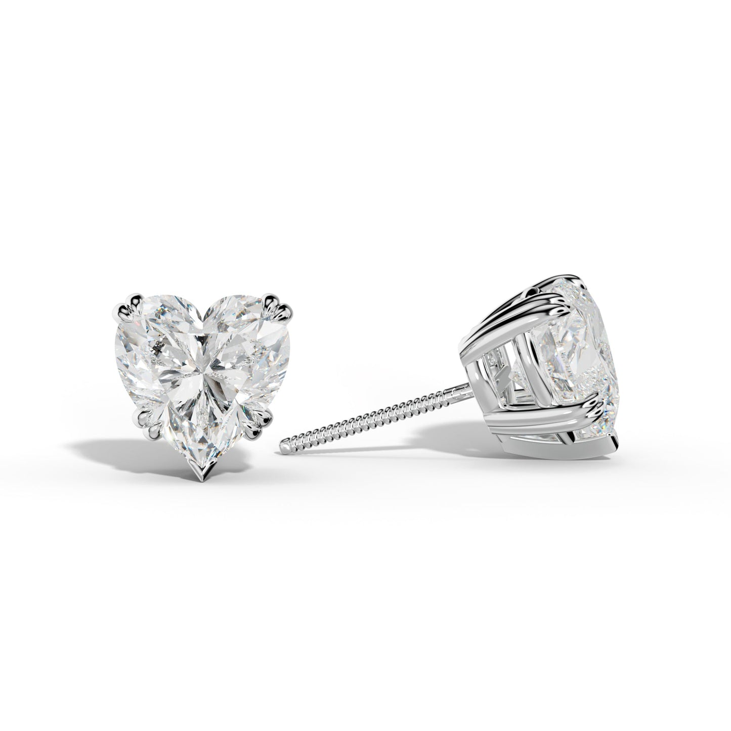 Heart Diamond Stud Earrings With Claw Double And V Prongs