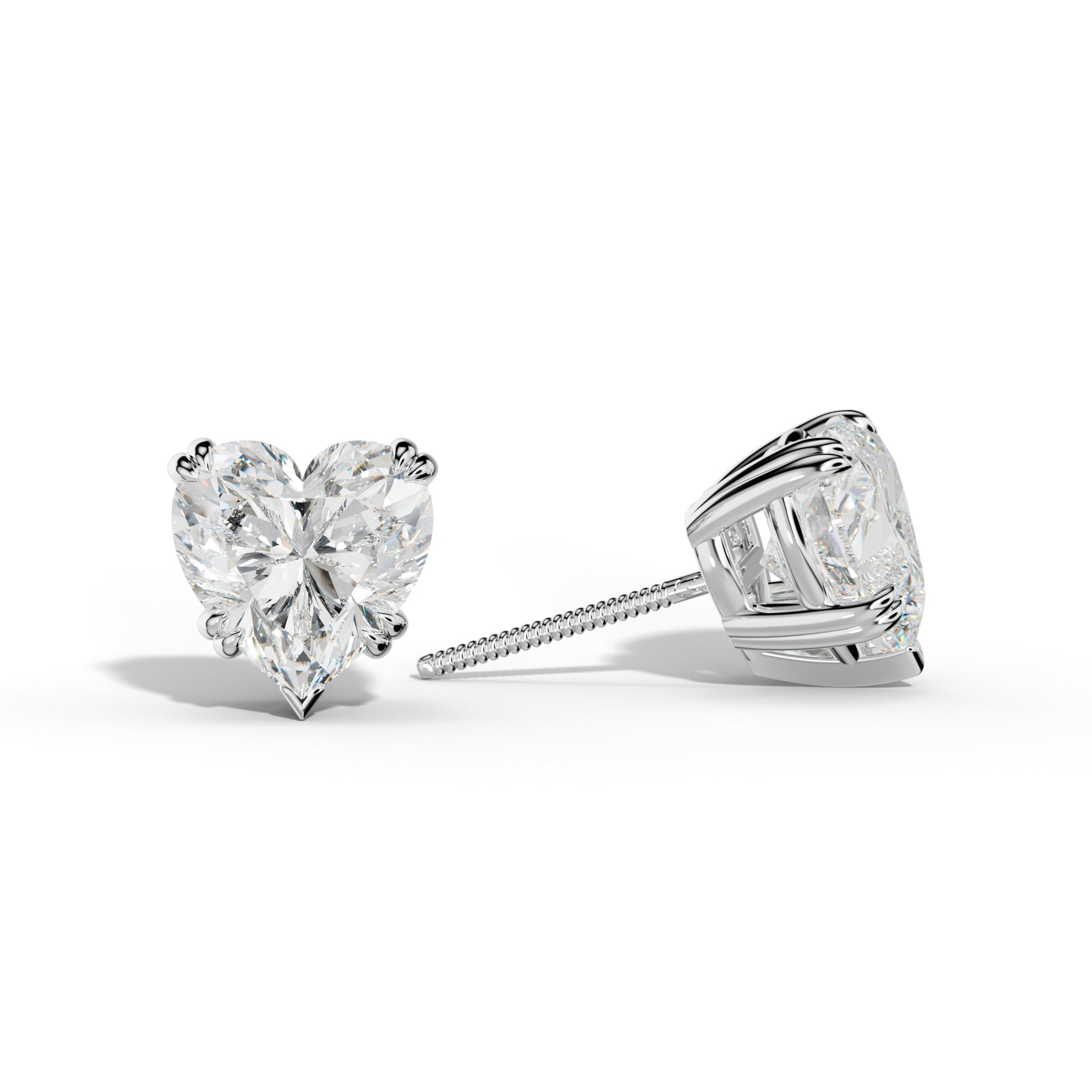 Heart Diamond Stud Earrings With Claw Double And V Prongs