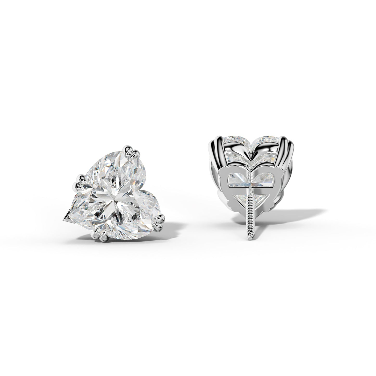 Heart Diamond Stud Earrings With Claw Double And V Prongs - 1/2 - 14K Yellow Gold