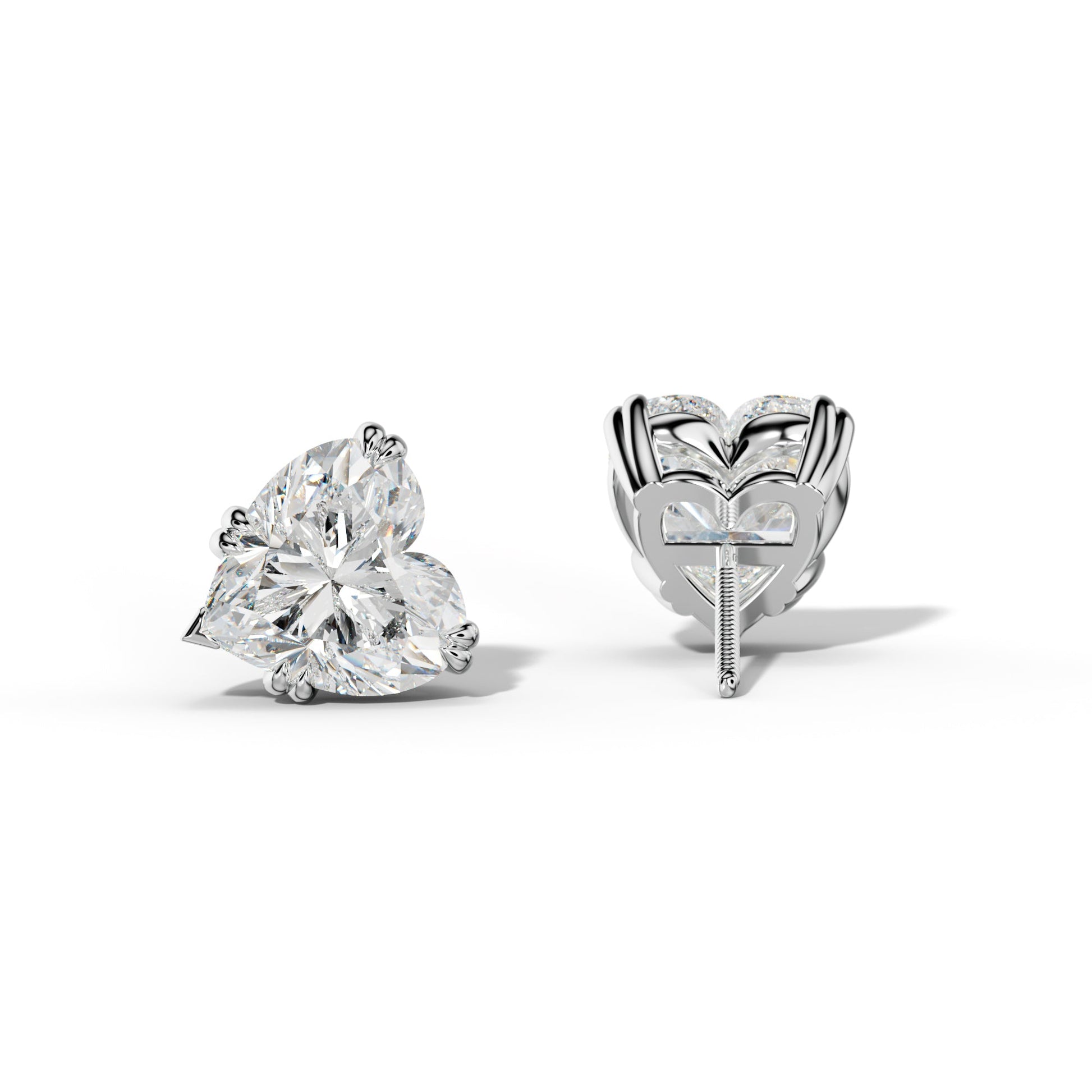 Heart Diamond Stud Earrings With Claw Double And V Prongs - 1/2 - 14K Yellow Gold