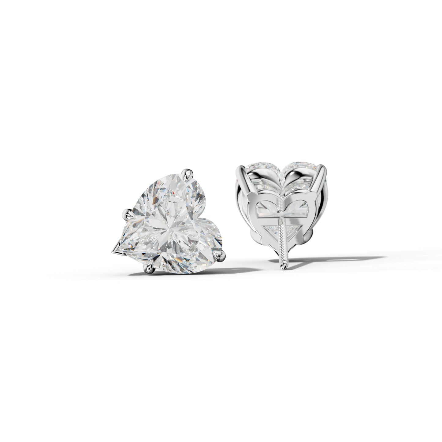 Heart Diamond Stud Earrings With Four Claw And V Prongs - 1/2 - 14K Yellow Gold