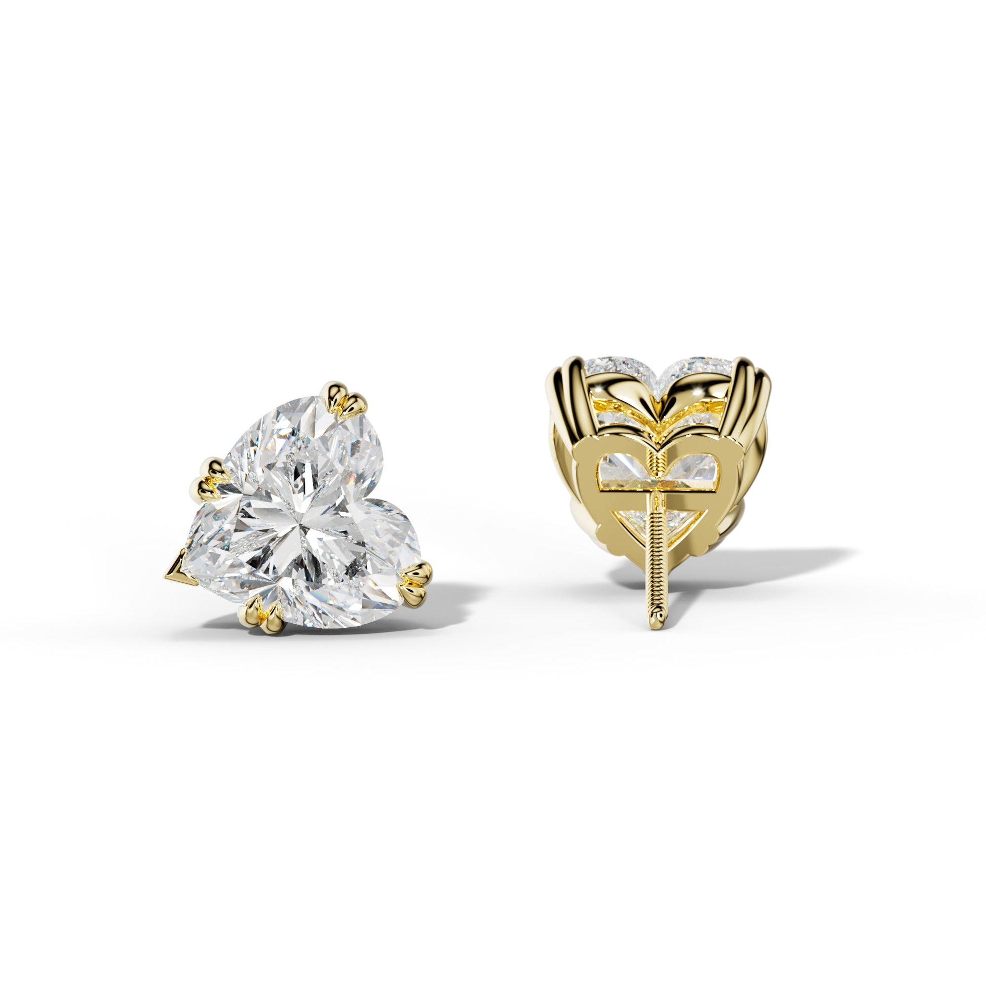Heart Diamond Stud Earrings With Claw Double And V Prongs - 1/2 - 18K Yellow Gold