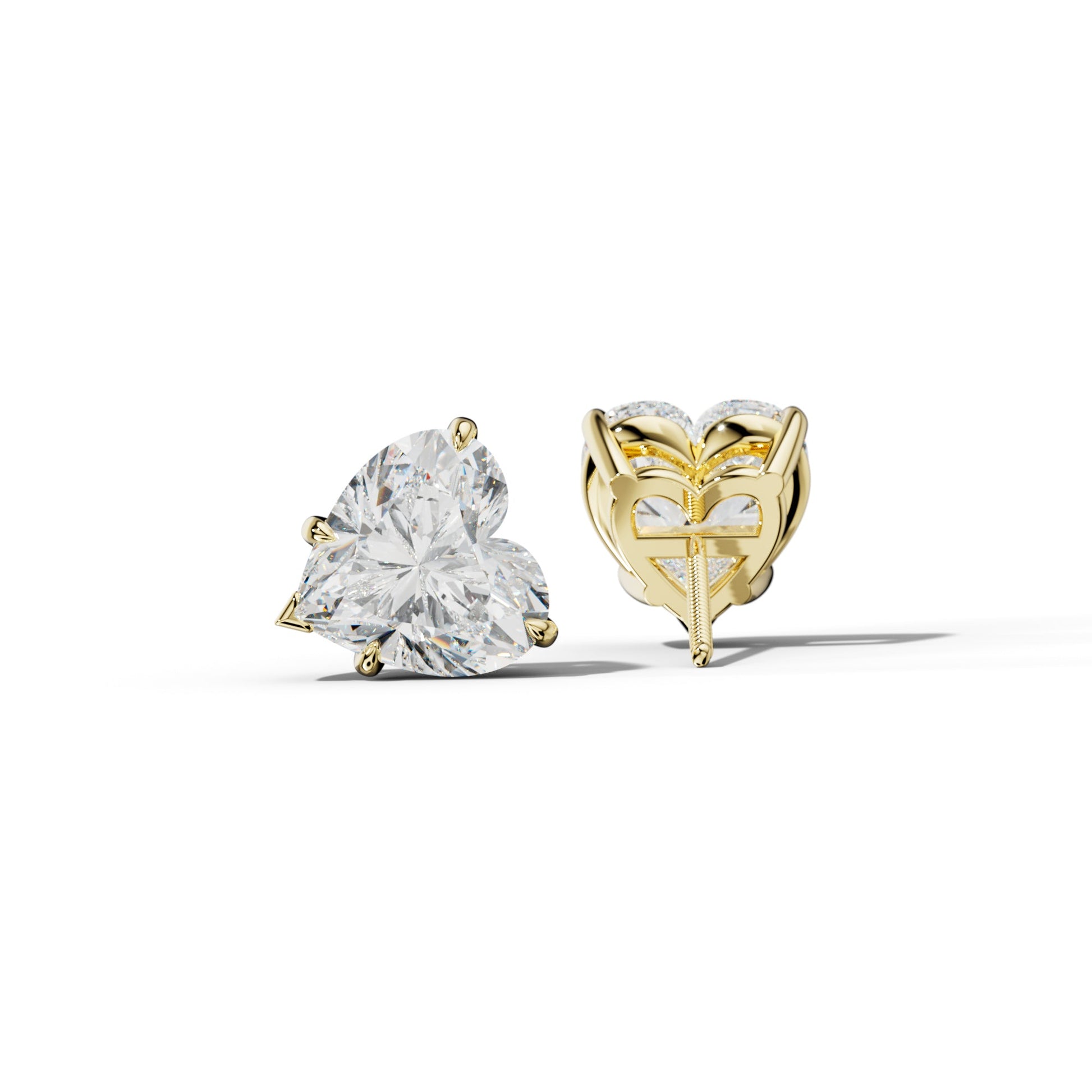 Heart Diamond Stud Earrings With Four Claw And V Prongs - 1/2 - 18K Yellow Gold