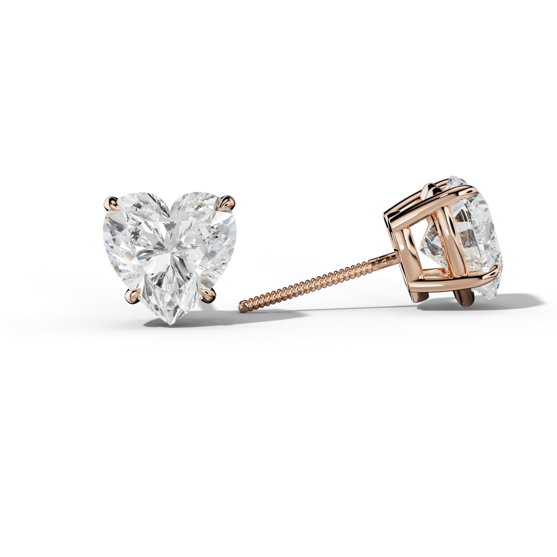 Heart Diamond Stud Earrings With Four Claw Prongs - 1/2 - 18K Rose Gold