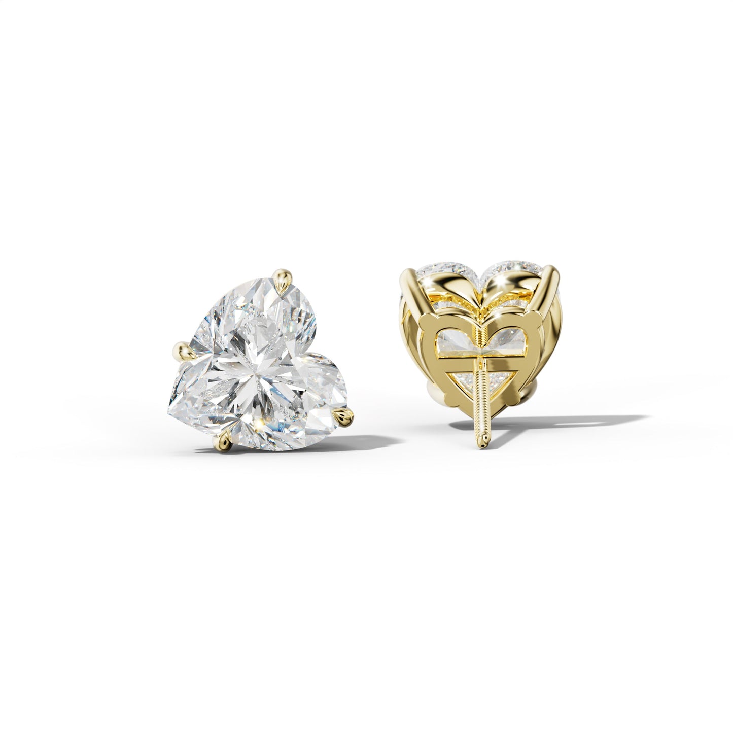 Heart Diamond Stud Earrings With Four Claw Prongs - 1/2 - 18K Yellow Gold