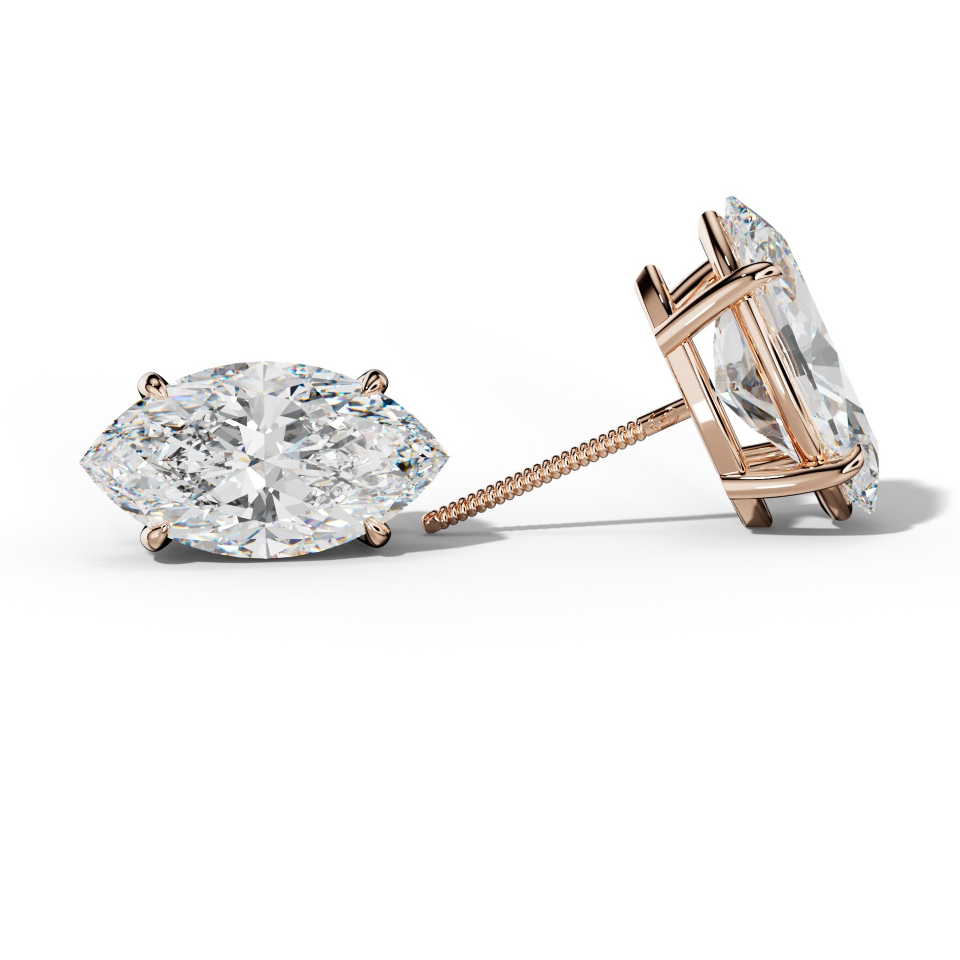 Marquise Diamond Stud Earrings With Four Claw Prongs - 1/2 - 18K Rose Gold