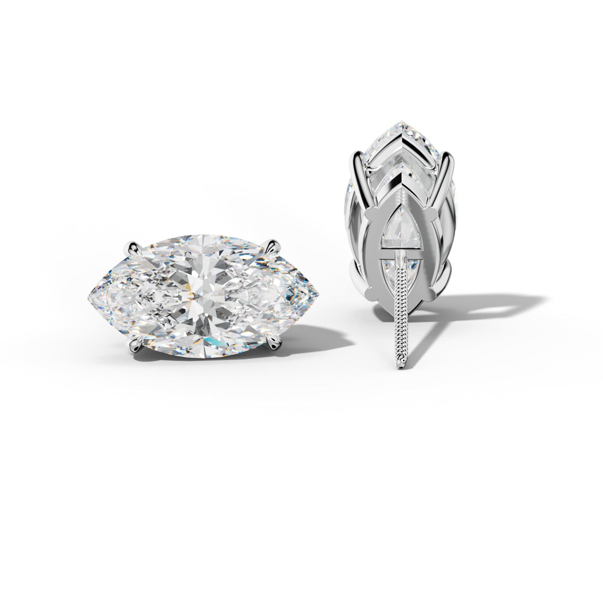 Marquise Diamond Stud Earrings With Four Claw Prongs - 1/2 - 14K Yellow Gold